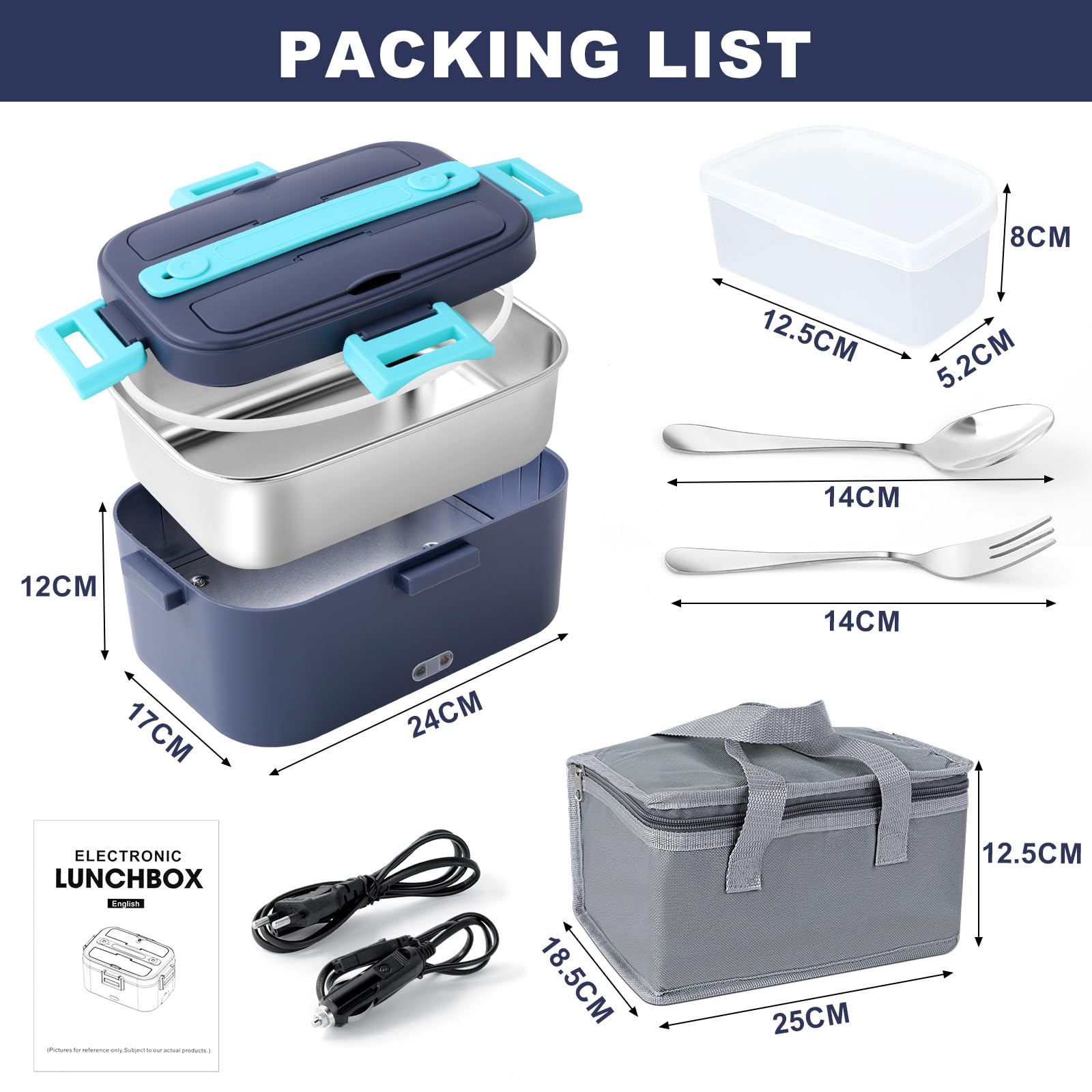Romon Scaldavivande Elettrico Portatile, 1.8L Porta Pranzo Termico 3 in 1(12V/24V/220V) per Auto Camion e Ufficio Lunch Box Riscaldatore 75W Scalda Vivande Portatile con Forchetta e Cucchiaio