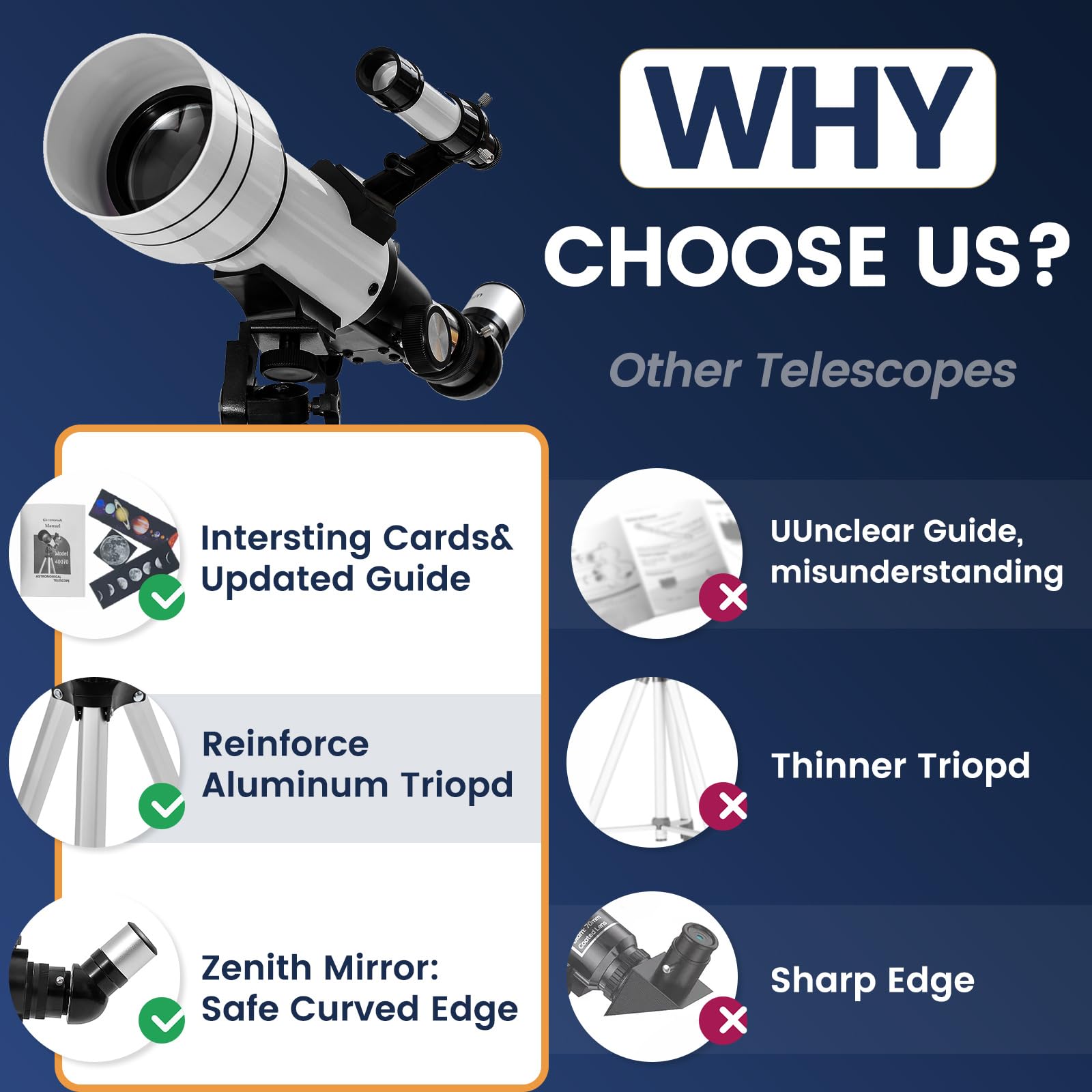 Télescope Astronomique 70/400mm Pour Adultes, Enfants et Débutants - Réfraction Avec Adaptateur de Téléphone et Trépied