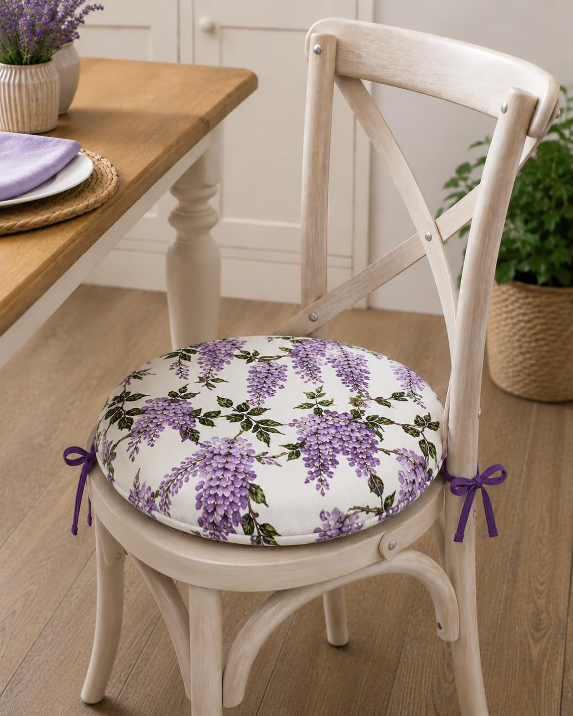 BOTTARO - Set 4 Cuscini Sedia Rotondi Con Cerniera a Fantasia in Puro Cotone Mercerizzato – Diametro 40 cm – Coprisedia Imbottito con Laccetti – Made in Italy - Art. Glicine