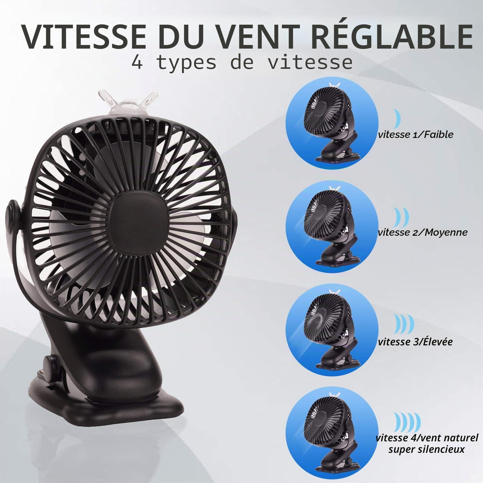 Venforze Ventilateur de poussette à clipser 8000 mAh USB Mini ventilateur de bureau personnel avec batterie rechargeable 4 vitesses Rotation à 360° Pour poussette, landau, poussette, bureau (Noir)