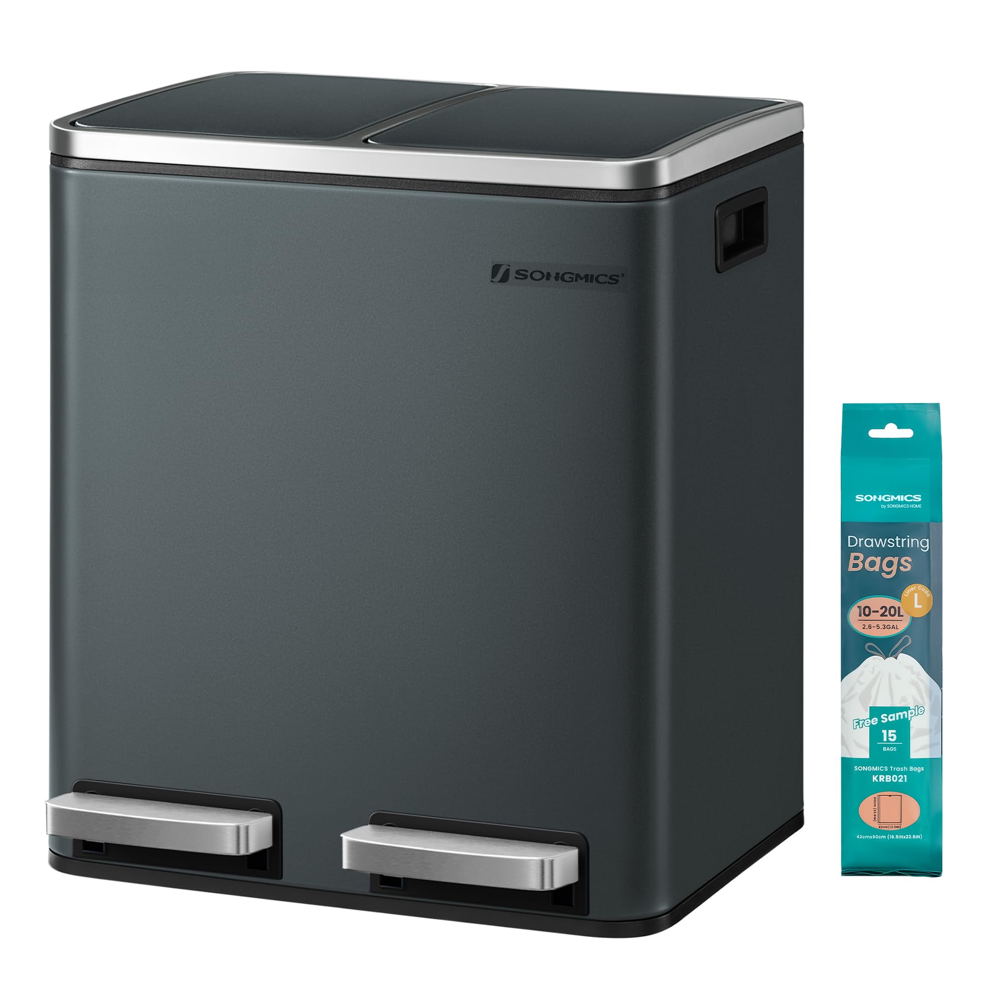 SONGMICS Kitchen Bin, 2 x 15L Double Bin for Recycling and Waste, Pedal Bin with Dual Compartments, Inner Buckets, Soft-Close Lids for Small Families, Steel, Greenish Grey LTB30GS โ image 1
