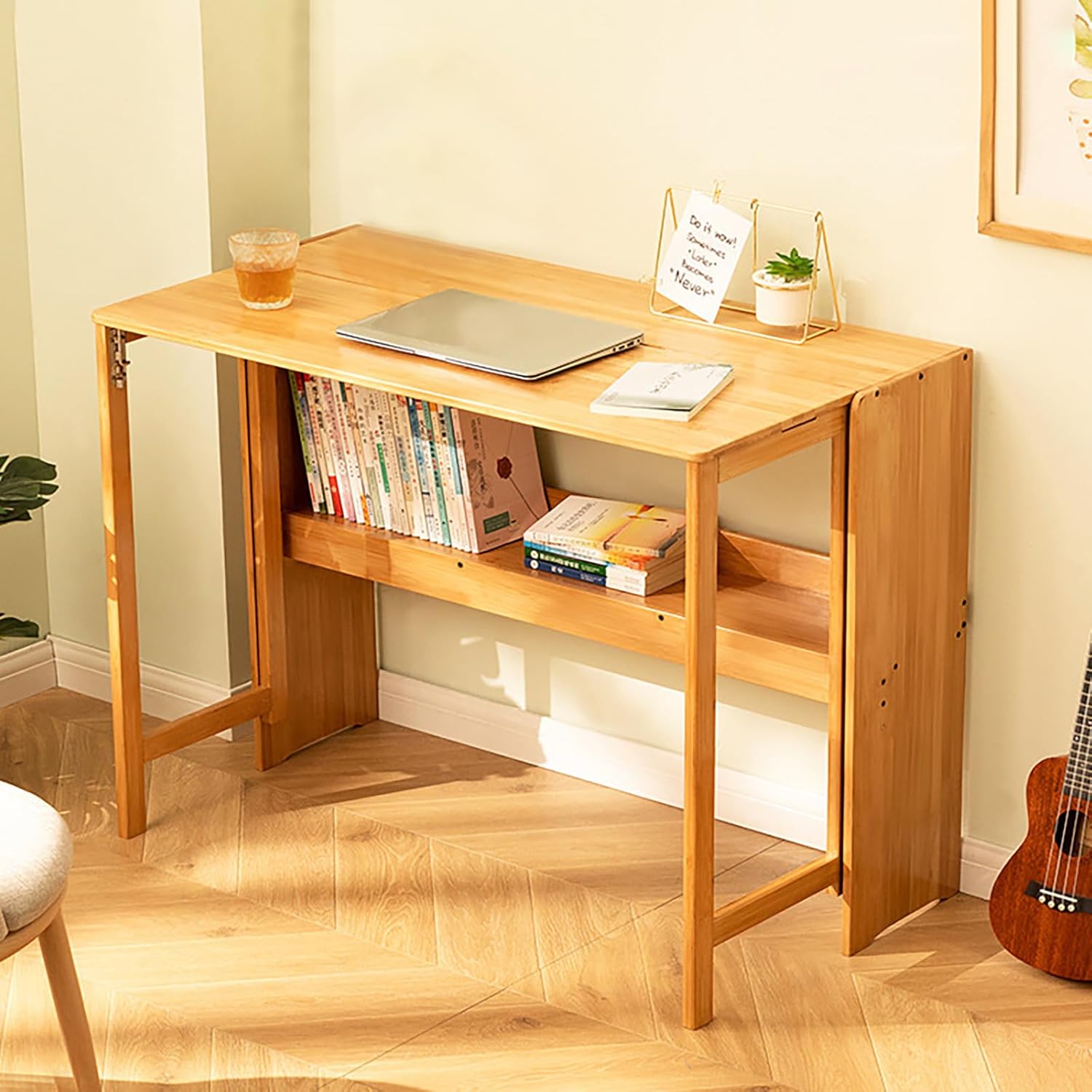 ILWorkTLs Bamboo Folding Desk with Storage Shelf,Foldable