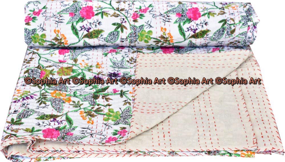 Sophia-Art Indyjski podwójny / król ptak rajski nadruk Kantha kołdra Kantha koc narzuta na łóżko Kantha narzuta na łóżko czeska pościel Kantha koc narzuta (biały, bliźniak 152 * 230 cm)