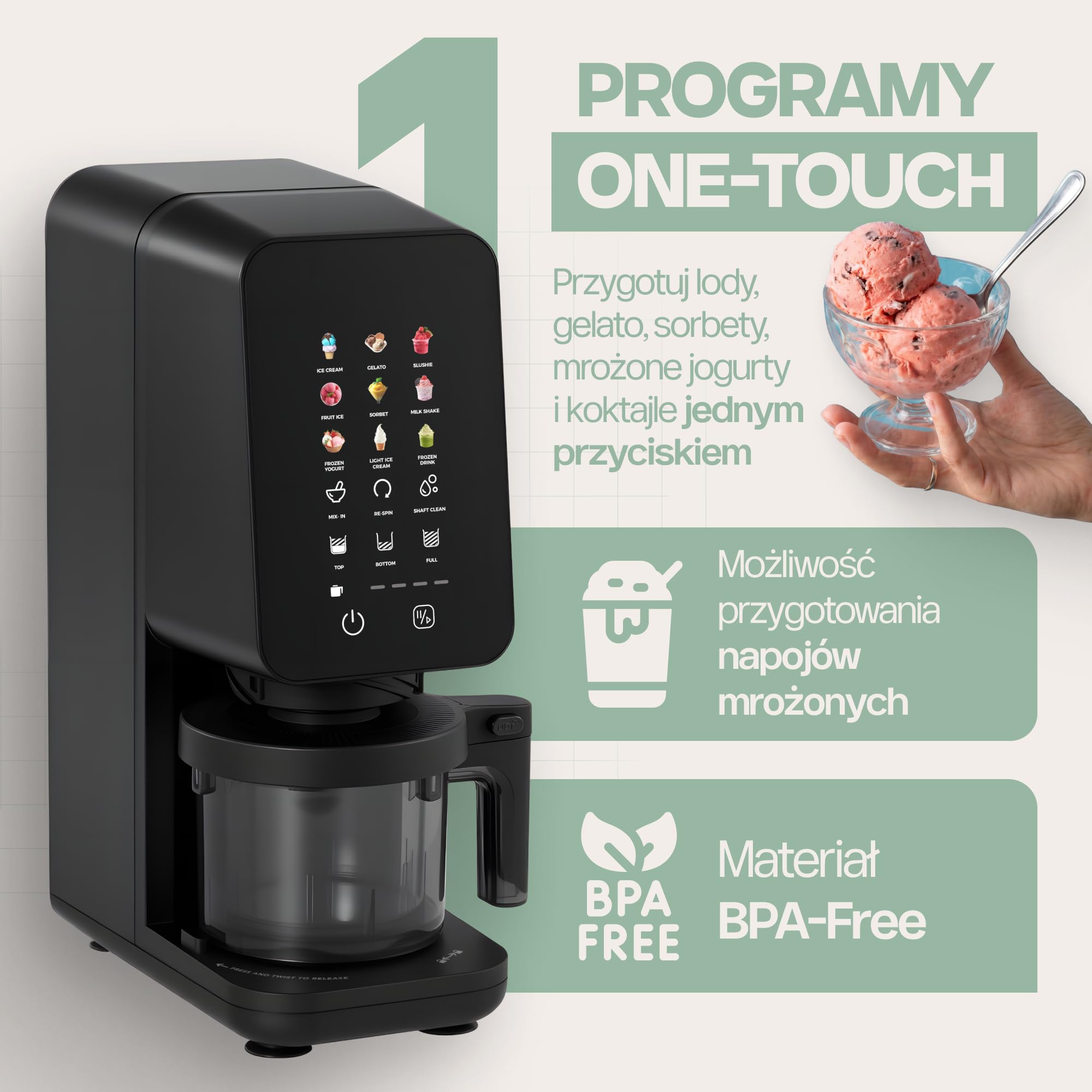 4Swiss Maszyna do lodów Urządzenie do Deserów Mrożonych Włoskich Slush Sorbetu Shake Ice Cream z Funkcją Dodawania MIX-In One-Touch Desery Keto Wolne od BPA do Kuchni na Imprezy Lato Czarna – IB026
