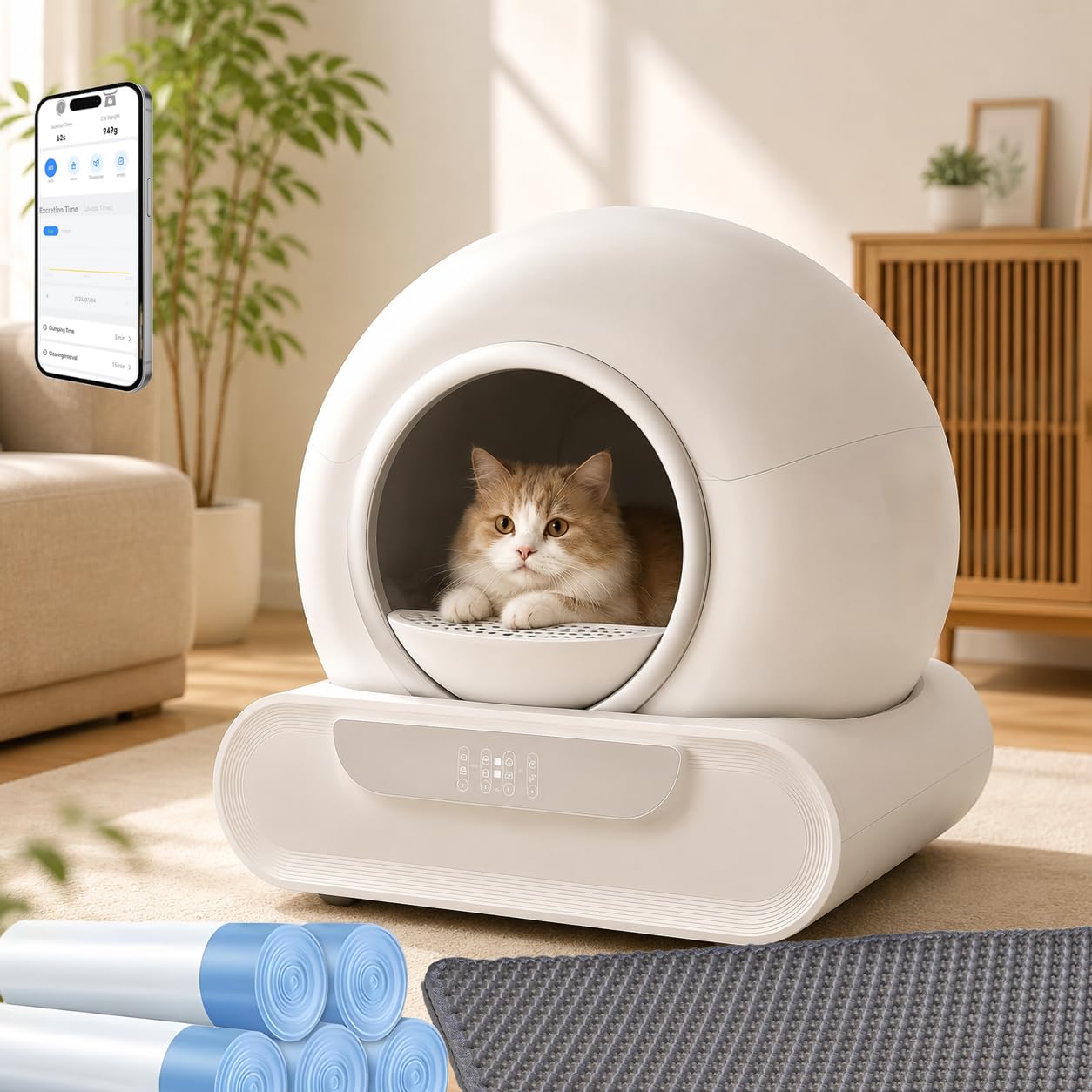 Litiere pour Chat Litiere Automatique 74L XXL, Bac à Litière Intelligent avec APP, Détecteur Infrarouge, Capteurs de Poids, Grande Capacité et Design Fermé