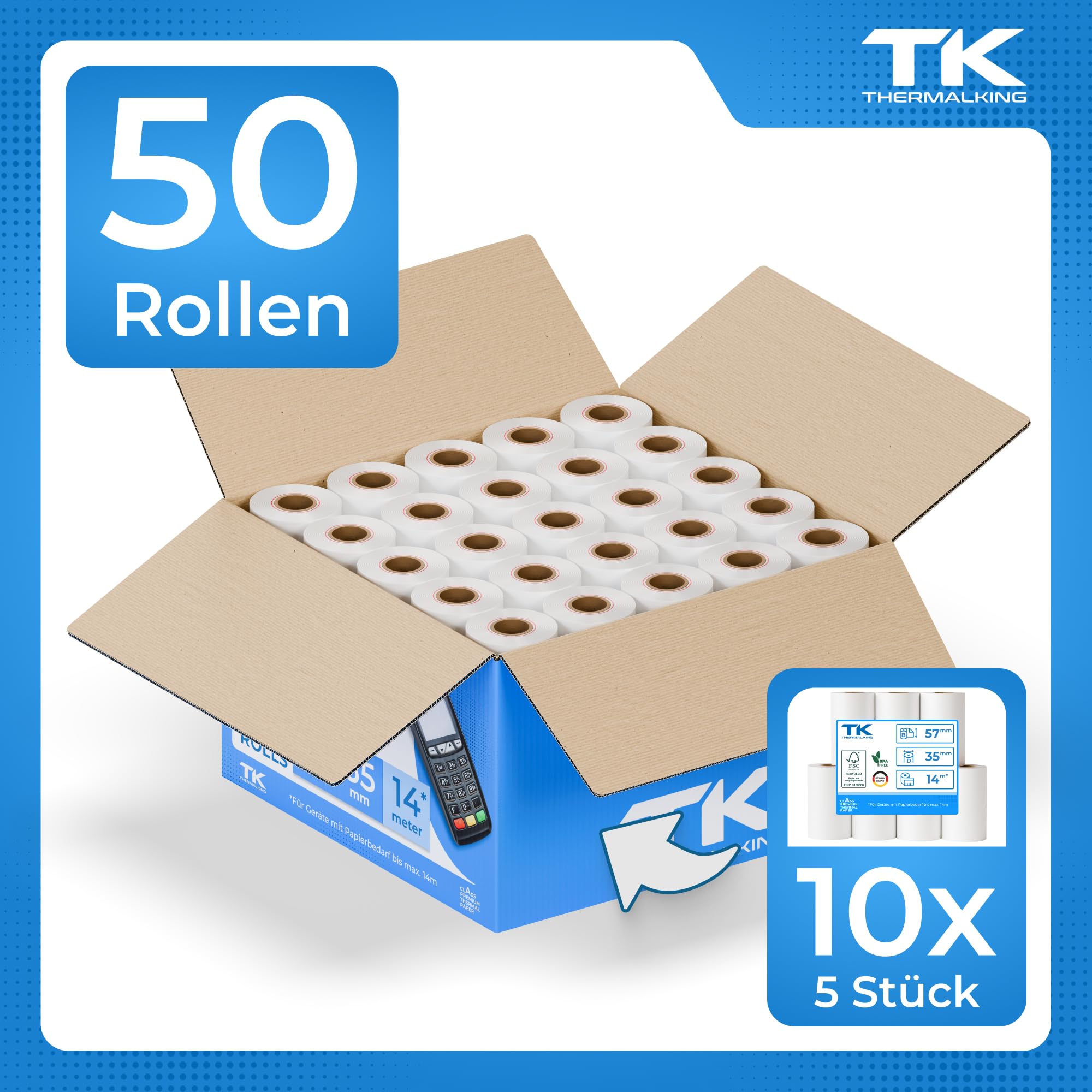 THERMALKING EC Cash Rollen Thermopapier 57mm x 35mm x 12mm - Thermorollen 57x35x12 für EC & Kredit-Kartenlesegeräte - Thermal Rolls for EC Device - Für Systeme bis 14m Papierbedarf (50 Stk)