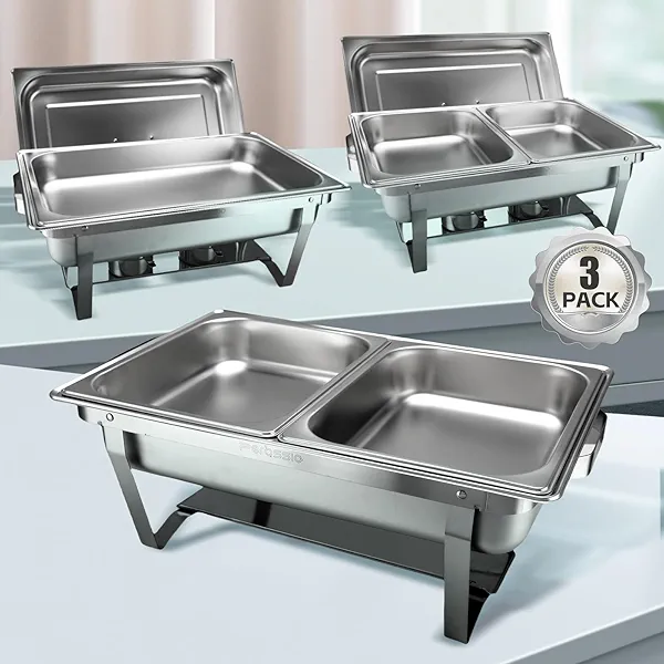 Perossia 3 Packs Chafing Dish Buffet Set 8QT Stainless Steel with Full Size and 1/2 Size Pans Portable Serve Food Warmer for Catering Parties Wedding Graduation Commercial Events, 5 Pans