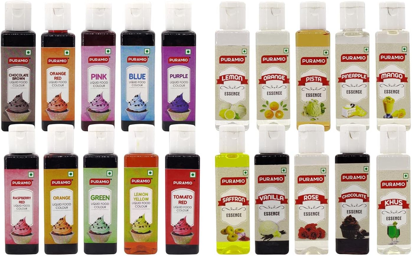 - Puramio Super Saver Combo Pack- Assorted Liquid Food Colours, Pack 10 & Assorted Culinary Essence, Pack 10, (30ml Each)