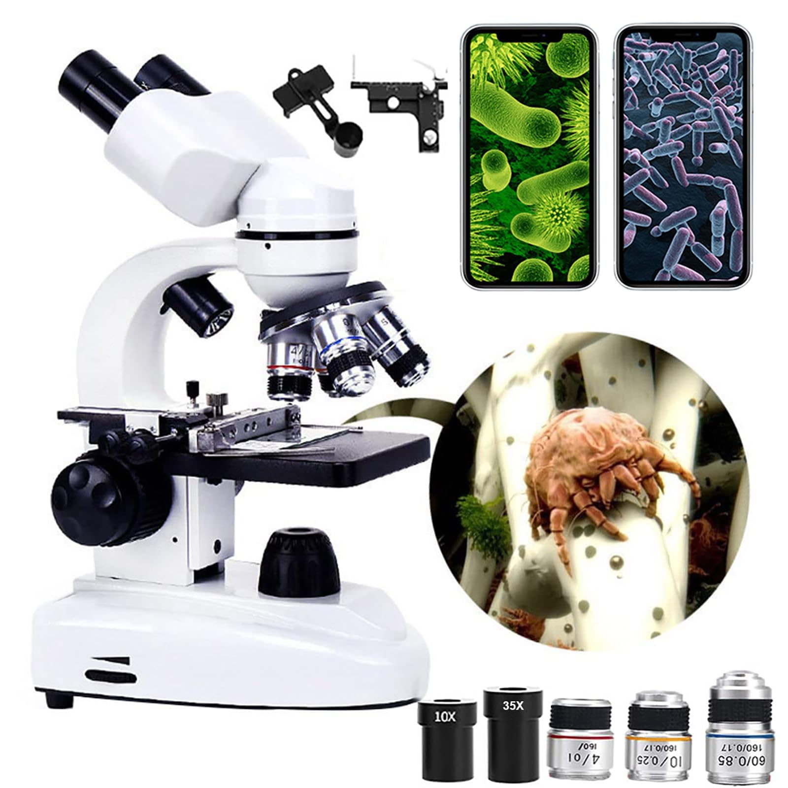 Microscopio Binoculare Professionale, Set di Accessori da Laboratorio 6000X-15000X (Lente Obiettivo 3/4 + 4 Oculari), Osservazione Comoda A 45°, Connessione per Telefono Cellulare,6000X