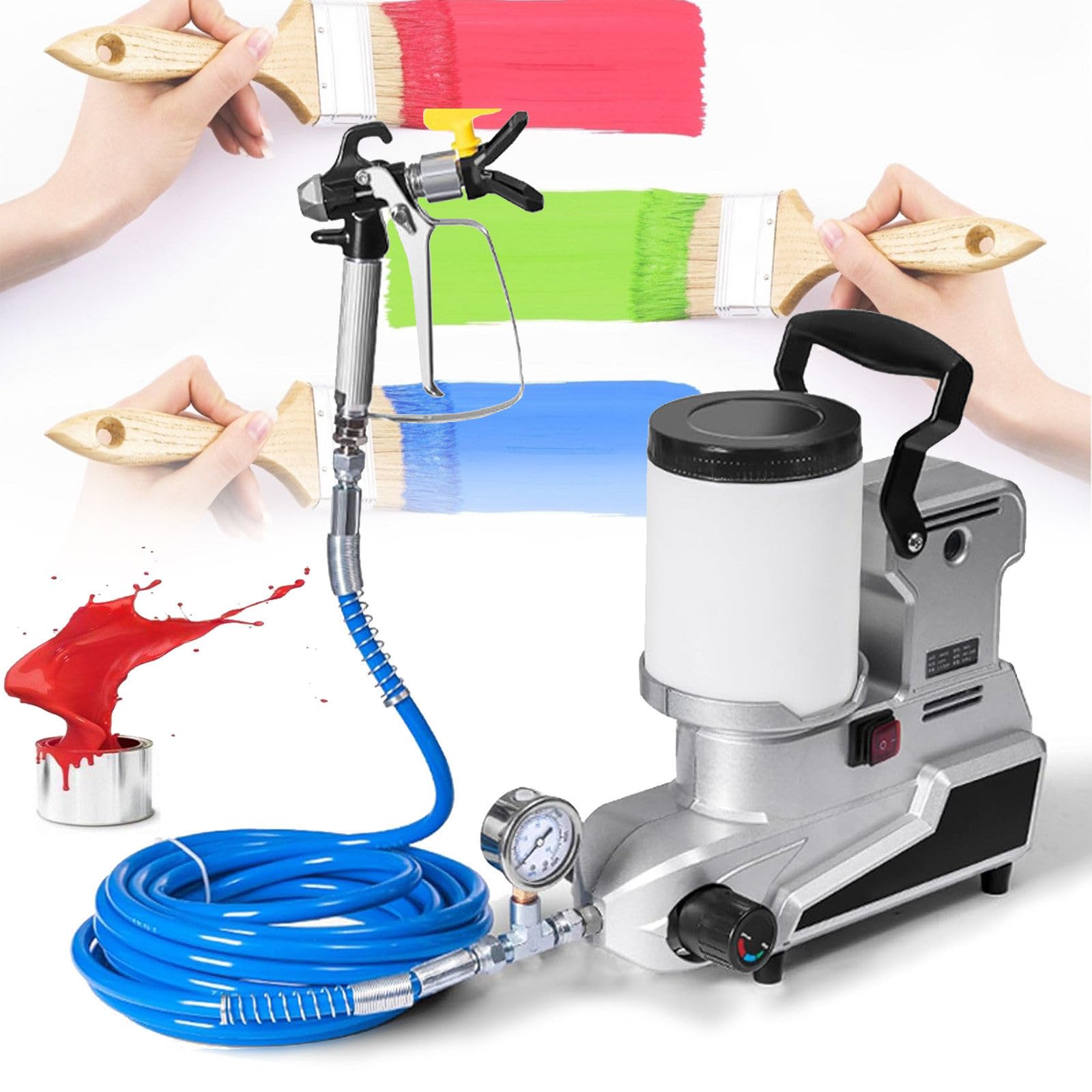Airless agregat malarski 1600 W, natężenie przepływu 2,5 l/min, 3 regulowane prędkości, wąż 5 m, przenośny opryskiwacz ścienny, kompaktowa konstrukcja 36 x 16 x 33,5 cm, elektryczny pistolet do