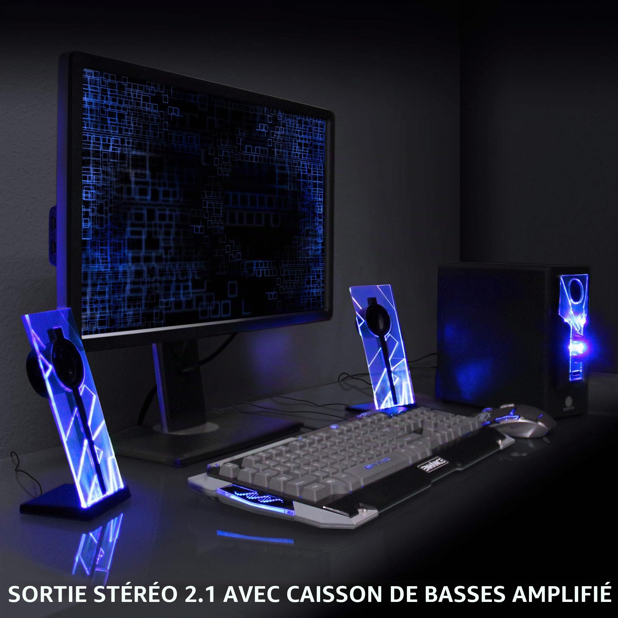 GOgroove Haut Parleurs PC Enceintes Stereo 2.1 Satellite Basses Passives Lampes LED Scintillantes - Compatible avec Ordinateur, Tablette, Smartphone et Tout Appareil Equipé d'un Port AUX 3,5 mm - Bleu