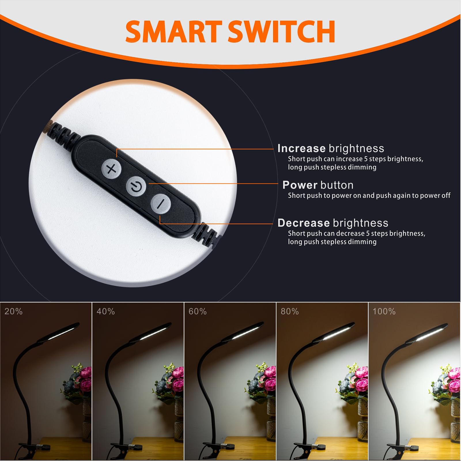 Clip Lights,USB Powered Clip On LED Desk Lamp,Eye Caring Dimmable 8w Bedside Book Light for Reading in Bed,40cm Long Gooseneck Clamp Lamp for Dorm/Lash/Gaming/Puzzle Art Drawing(Adapter Included) - Image 4