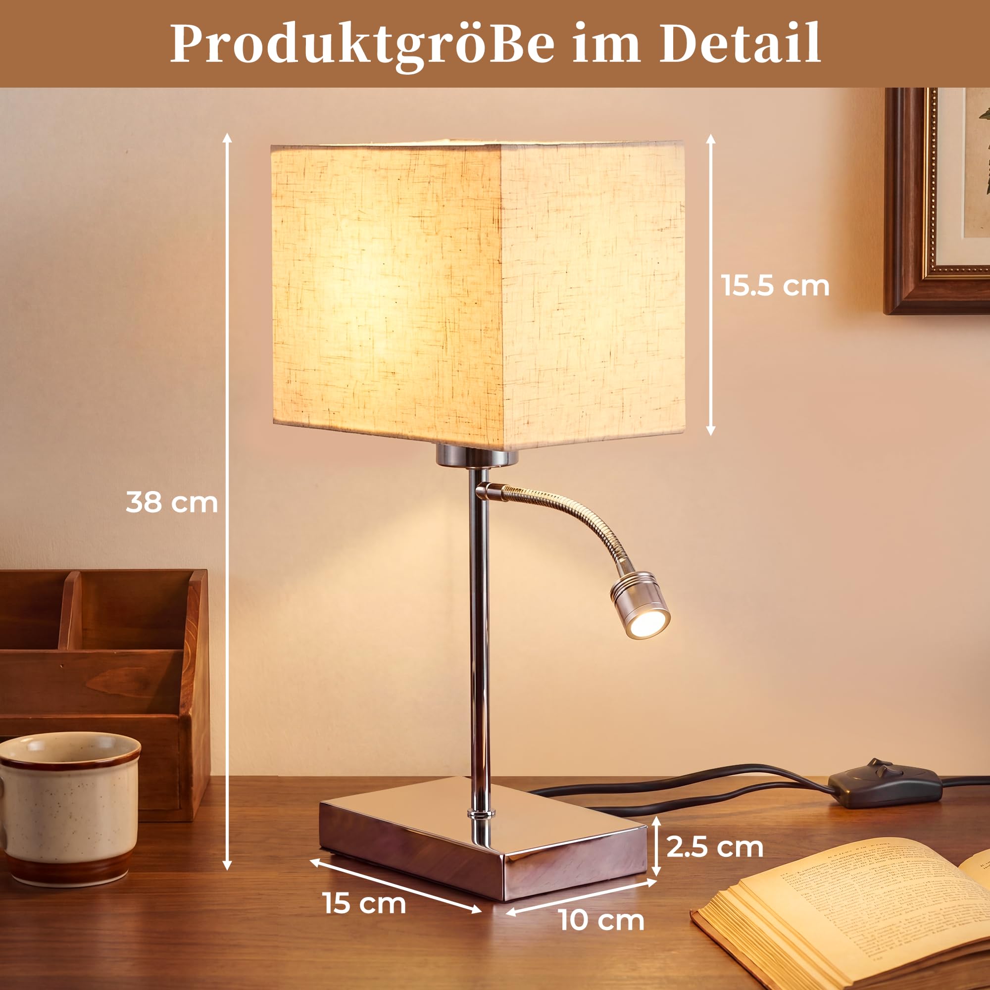 ZMH Lampada da tavolo con cavo, lampada da comodino a LED, E27, design moderno con paralume in tessuto, orientabile a 360°, interruttore separato, lampada da comodino in metallo, per camera da letto