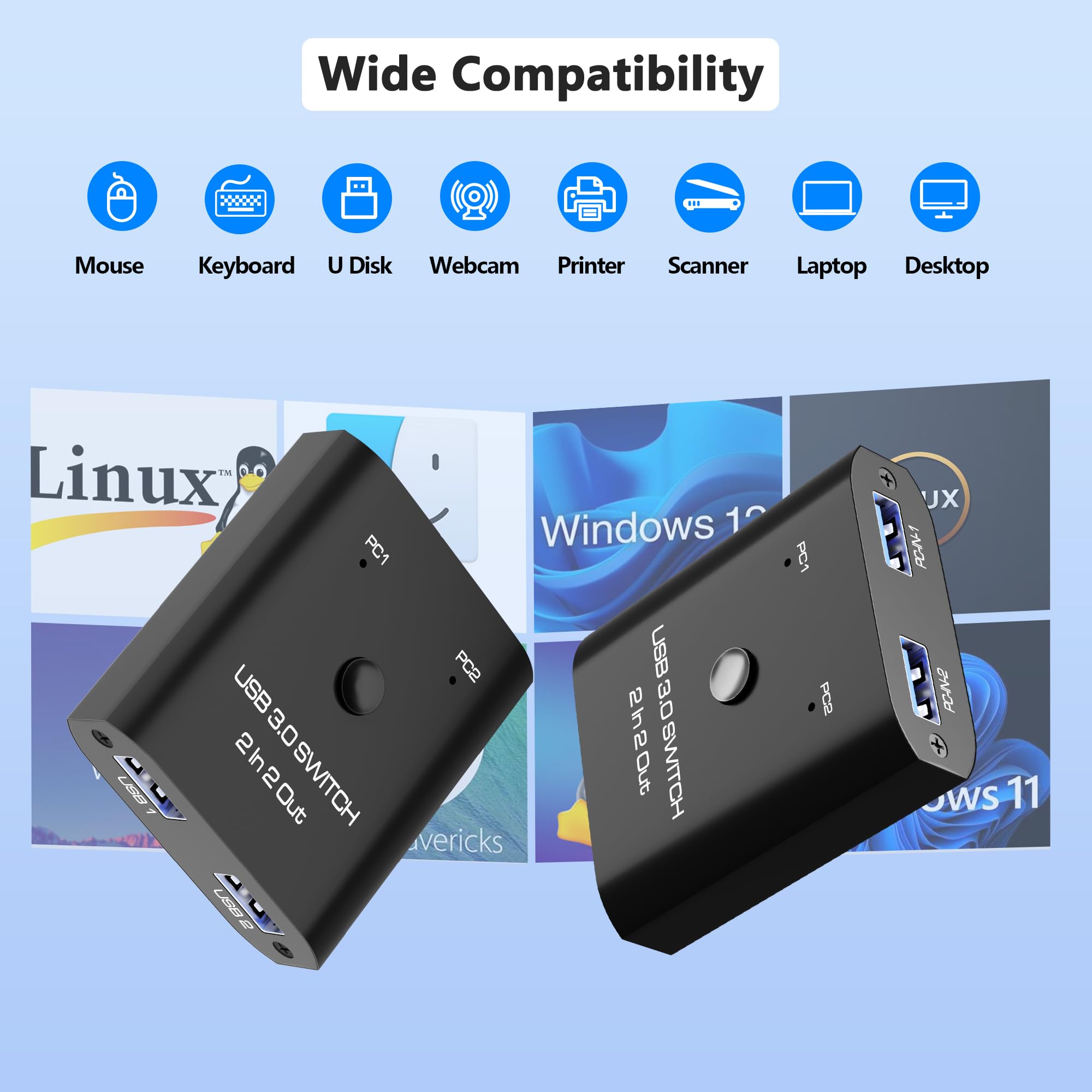 Interruptor USB 3.0 de 2 entradas y 2 salidas, conmutador USB para 2 computadoras compartiendo teclado, mouse, impresora, conmutador USB para Windows/Mac/Linux, interruptor selector USB de 2 puertos