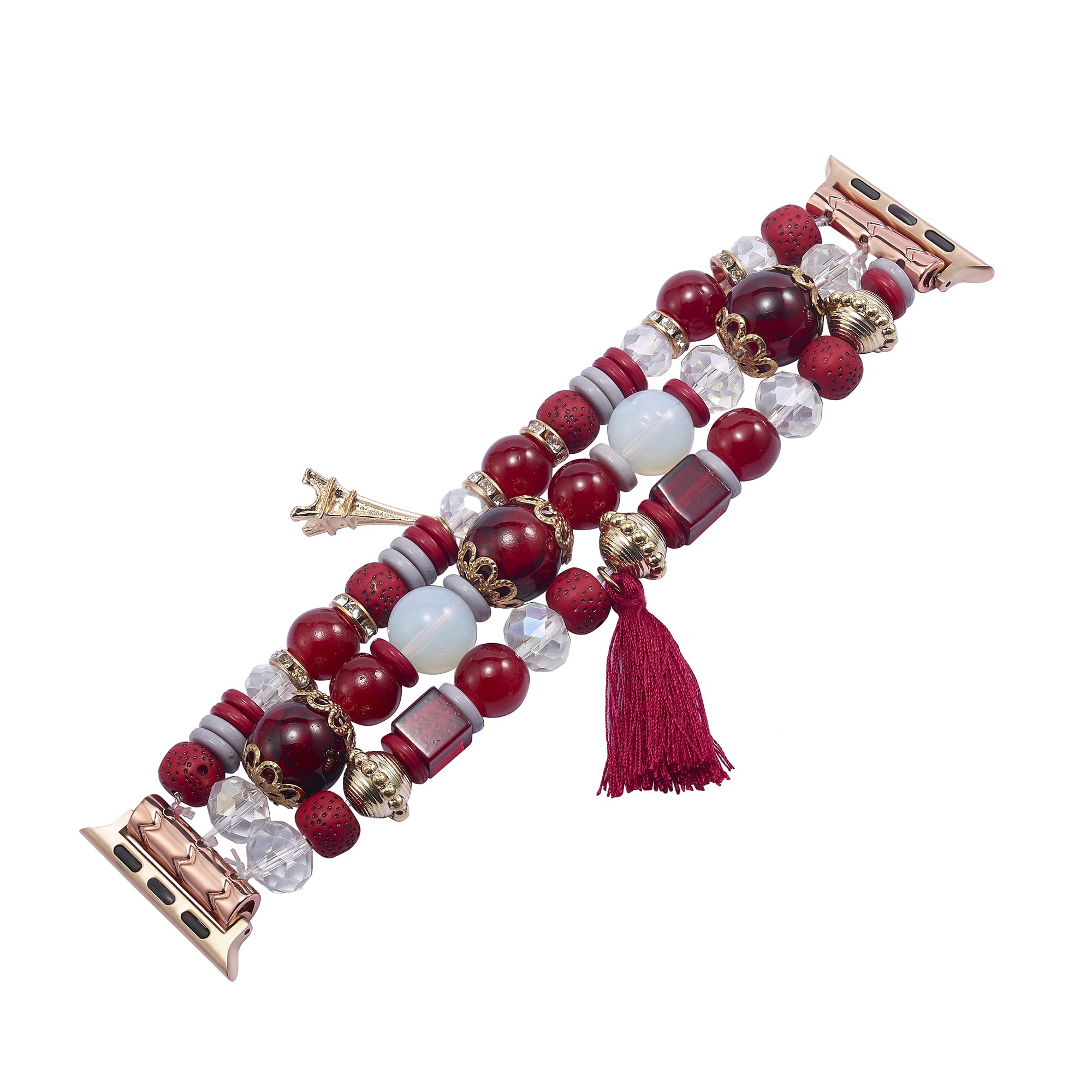 Sufderny Beaded Bracelet Bands Compatible with Apple Watch Band 38mm 40mm 41mm 42mm 44mm 45mm 49mm, Dressy Pendant Elastic Strap for iWatch Series 9 8 7 6 5 4 3 2 1 Ultra SE, White/Red