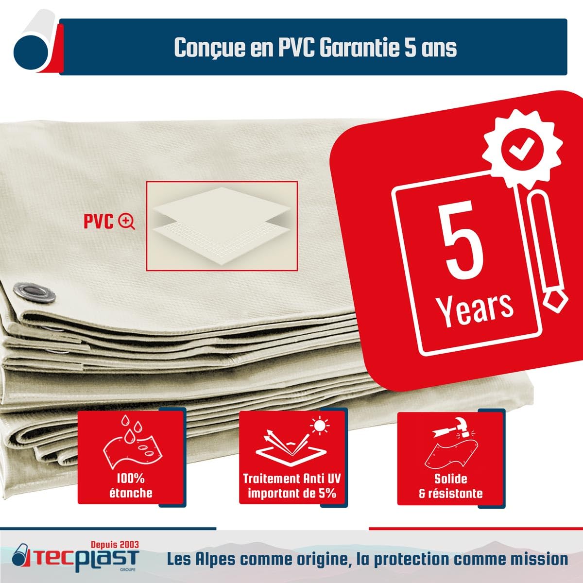 TECPLAST Bâche de Chantier 3x5 m LP506CH Blanc Crème - Garantie 5 Ans - Bâche de Protection étanche en PVC pour Travaux