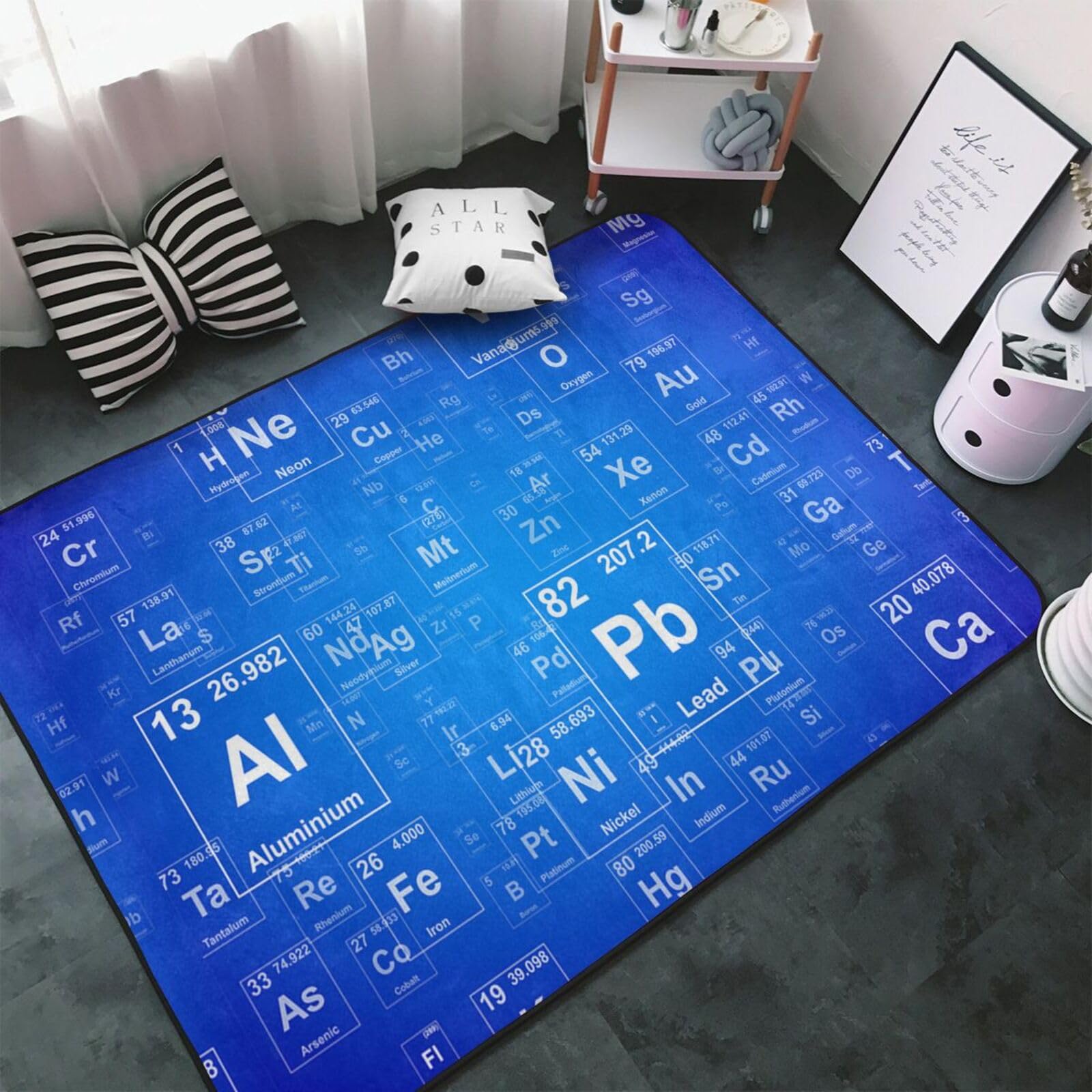 Insegnante di scienze divertente Elementi della tavola periodica, Tappeto grande antiscivolo per soggiorno e camera da letto, 150 x 100 cm.