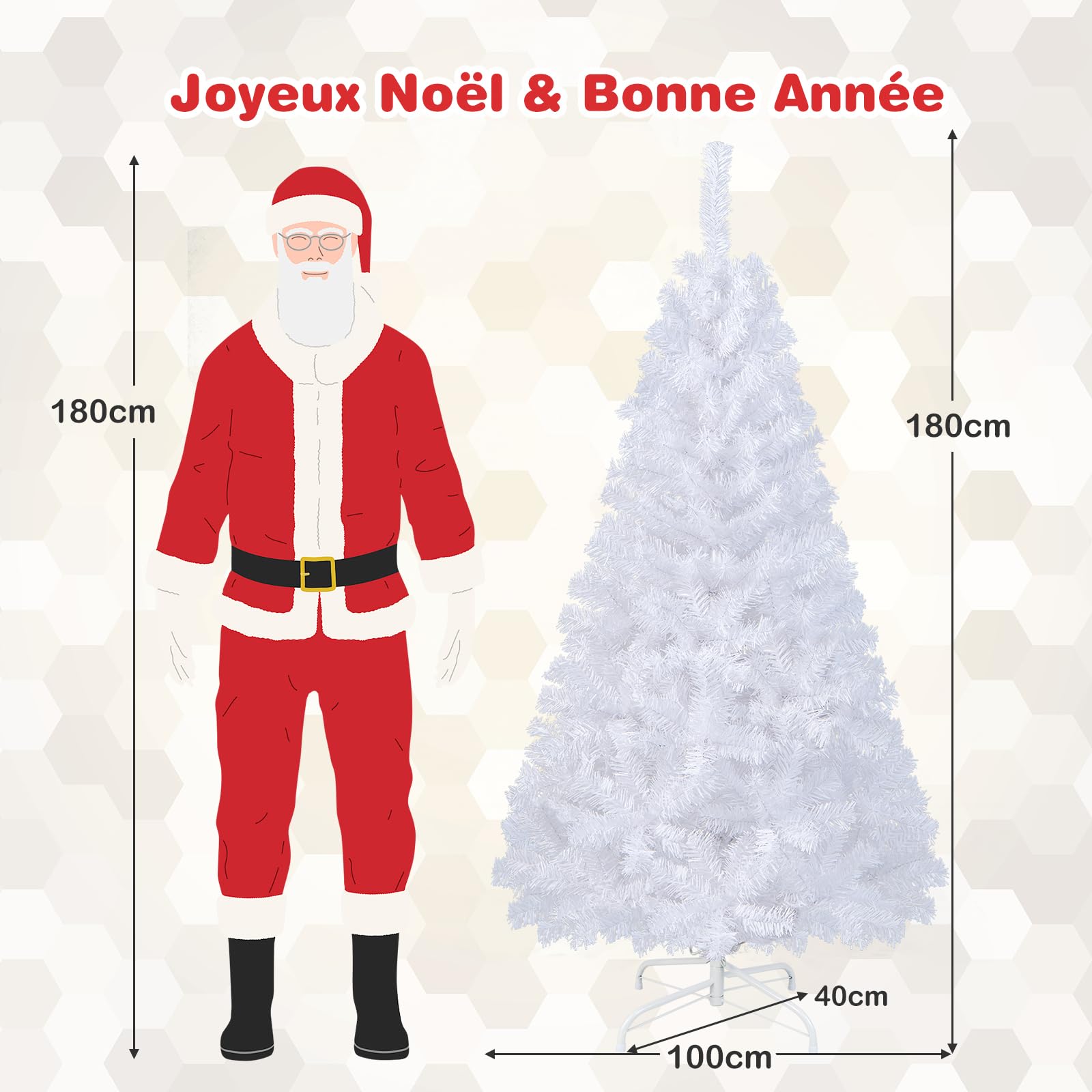GOPLUS Sapin de Noël Artificiel Blanc 180 cm, Arbre de Nöel avec 650 Branches, Socle en Fer, Feuilles en PVC, Décoration de Noël, Idéal pour Suspendre Guirlande de Lumières et Etoile, 4 Tailles