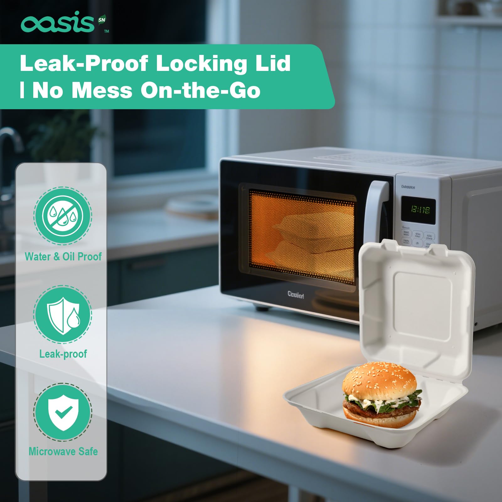 OasisSN Disposable Clamshell Take Out Food Containers (8X8, 3-Compartment)