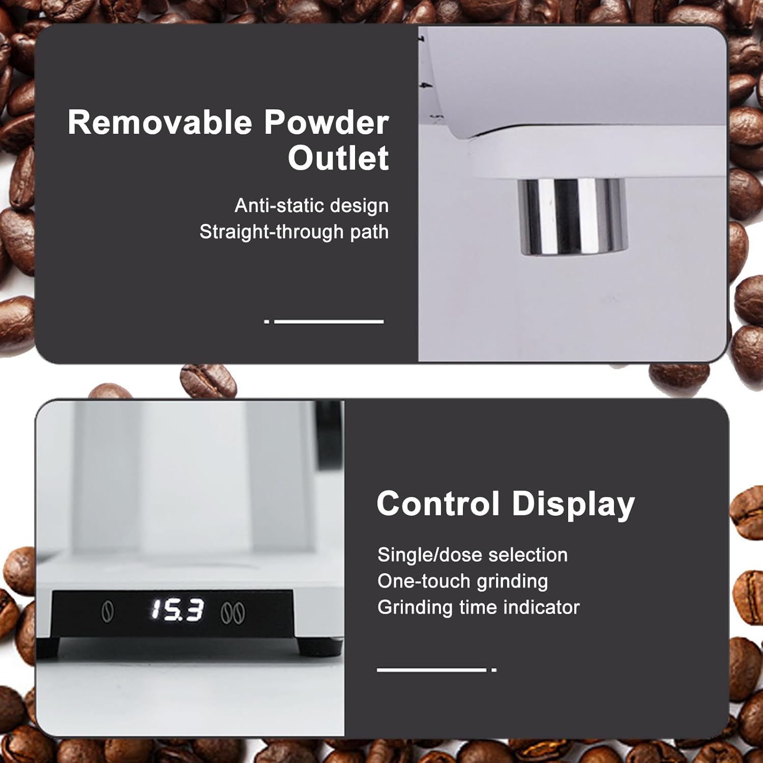 300W Automatic Coffee Grinder with Control Display, 60mm Flat Stainless Steel Knife, 16 Levels of Fineness Adjustable, Aluminum Alloy