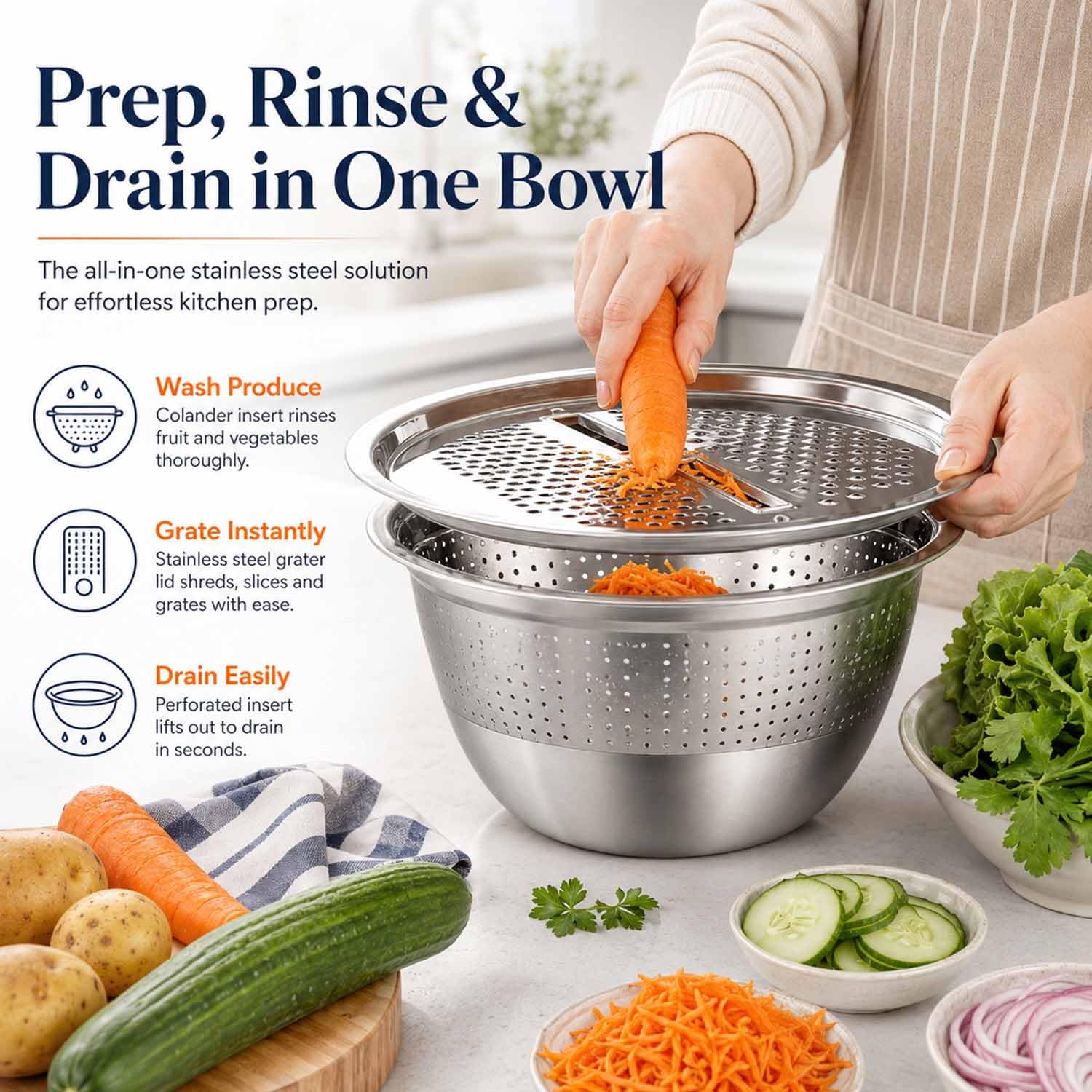 Multifunctional Stainless Steel Basin with Grater,11 in / 28 cm，1PCS：L | 3 in 1 Multipurpose Drain Basket Grater Basin Bowl,Fast Prep Slicer Bowl, for Potatoes, Vegetables, Fruit Washing