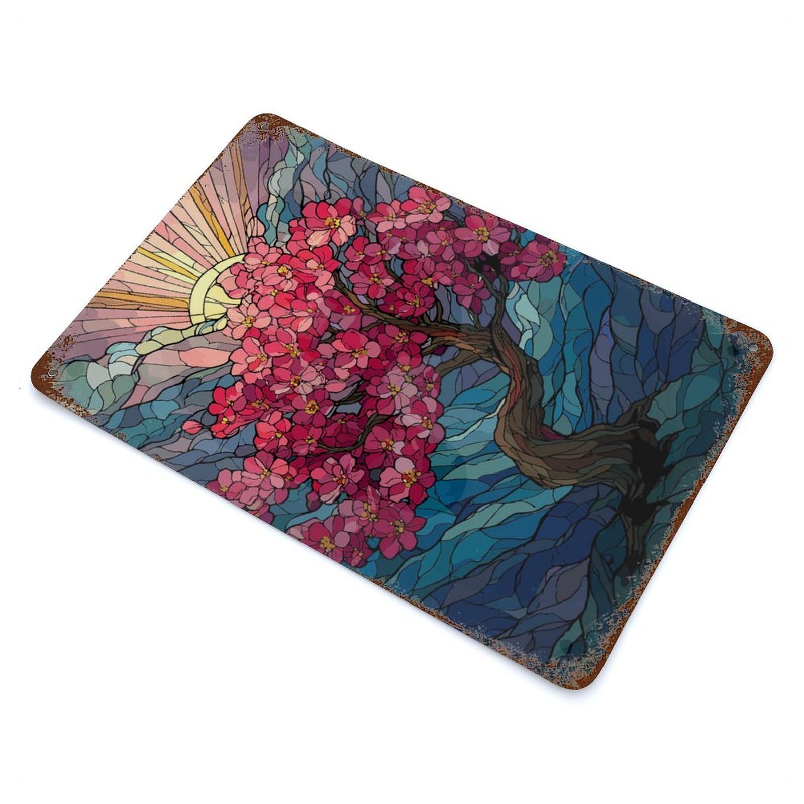Stained Glass Cherry Blossom Tree Aged Metal Wall Plaque 11.8"x7.9", Decorative Metal Wall Art for Garage, Pub Or Kitchen