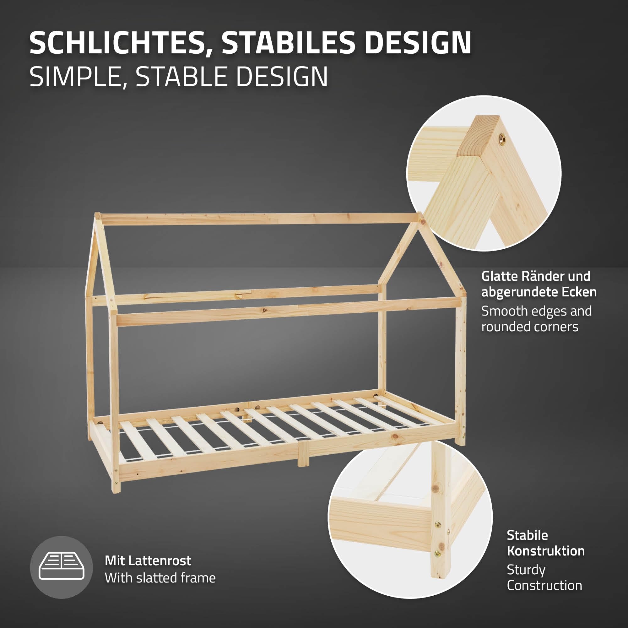 ML-Design Cama Infantil Casa Natural 90x200 cm de Madera de Pino + Colchón de Espuma Fría 16cm, Techo y Somier de Listones, Cuna de Suelo Maciza Casita de Juego Juvenil Mobiliario para Niño y Bebé