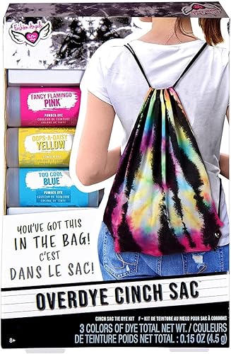 Fashion Angels Overdye - Kit de teñido anudado (12708) Cinch Sak DIY Tie Dye, incluye tintes no tóxicos, bolsa con cordón, guantes y bandas