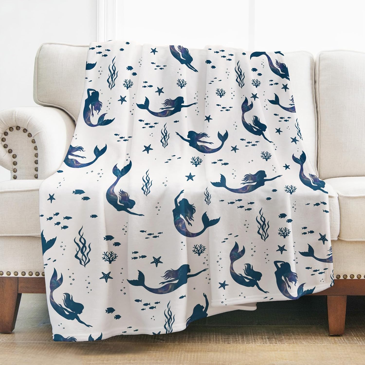 Mermaid Throw Blanket for Girls Birthday Gifts, Mermaids Lovers Gifts Blankets, Cute Mermaids Coral Fish Soft Cozy Flannel Blankets for Ocean Lover Decor Couch Bed Sofa Travelling Camping 50"x60"