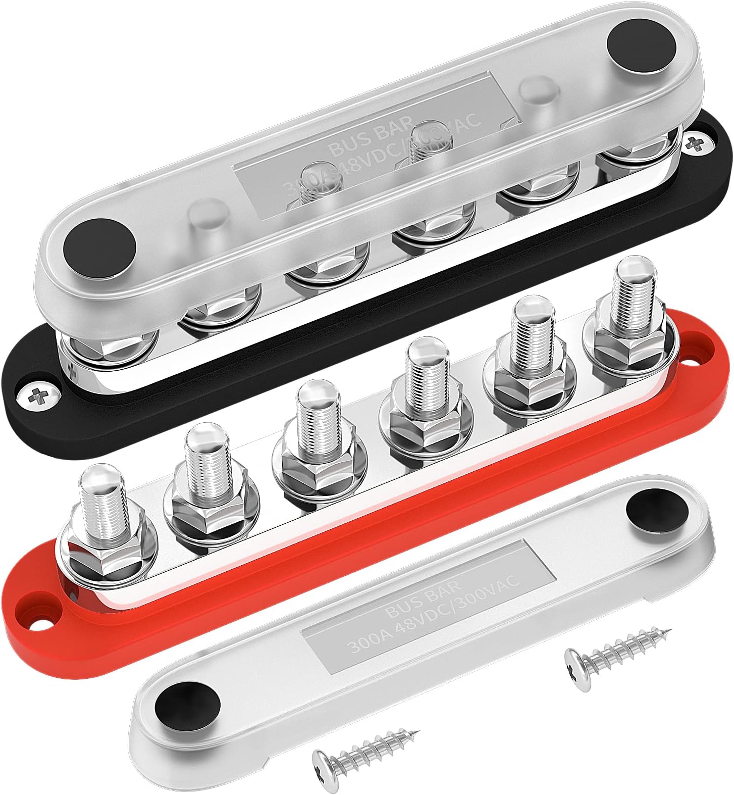 DaierTek 300A Bus Bar 12V Marine 12V Power Distribution Block with Cover 6 x 3/8" (M10) Terminal Studs Max 300V AC 48V DC Positive & Ground Busbar for Automotive Car Boat
