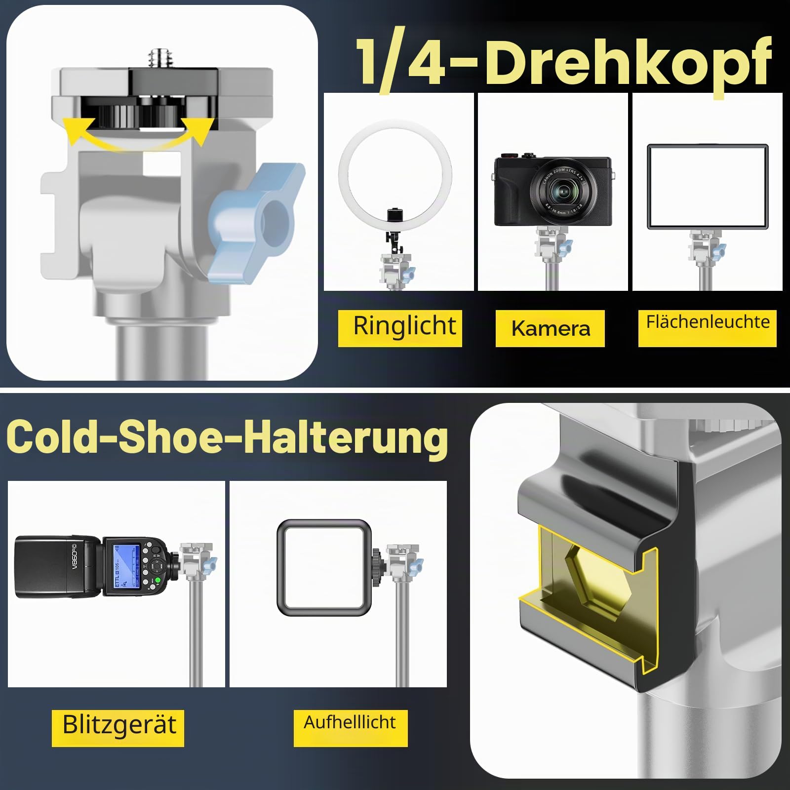 EMART Lichtstativ 200cm, Leichte Stativständer mit 1/4 Schwenkkopf, 180 Grad Schwenkbares Lampenstativ für Ringlichter, Kameras und Anderes Equipment(Schwarz, 2 Stück)