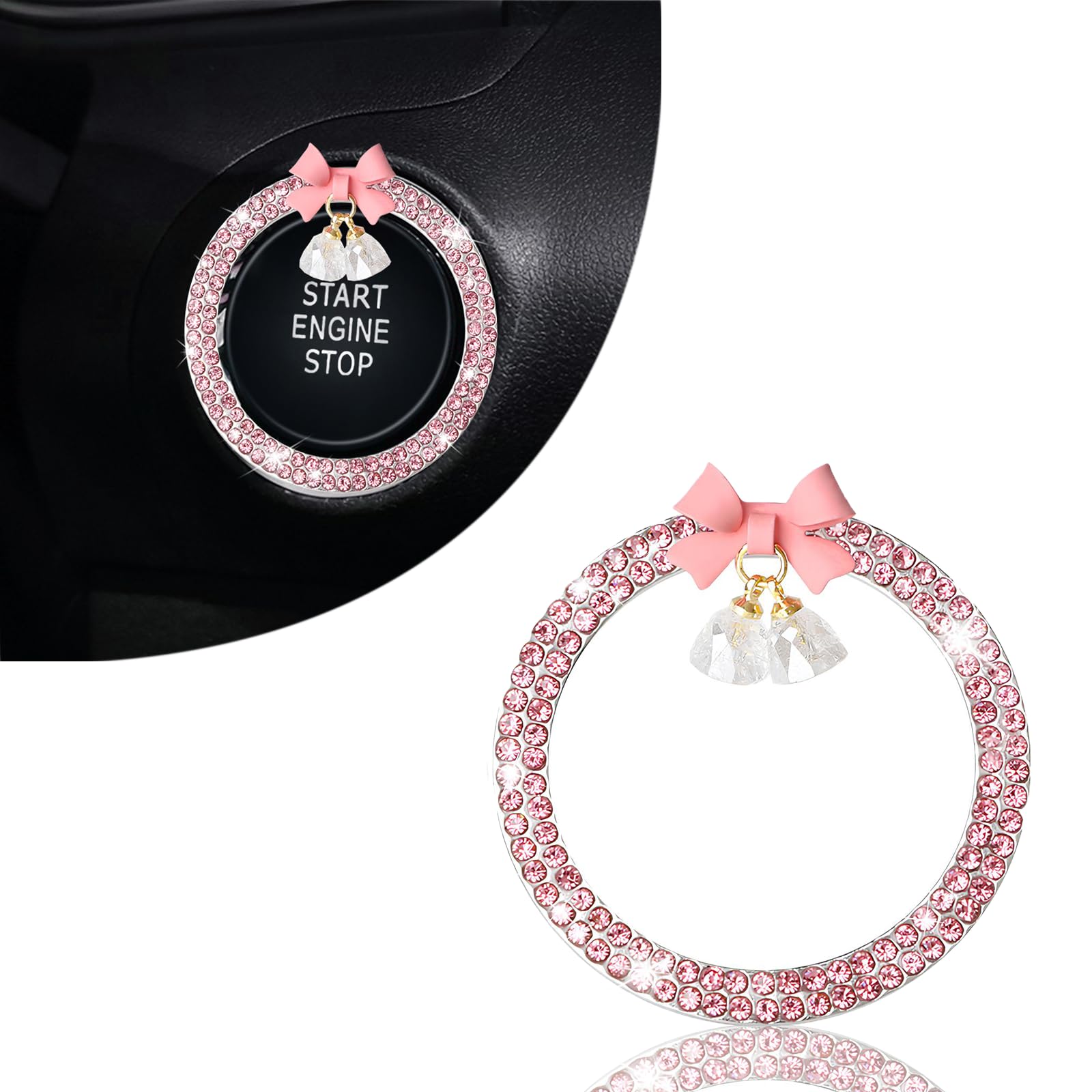 cute bow bling car engine stop decoration ring, 1 pc crystal rhinestone car button start button cover, shiny key ignition and knob ring, bling car accessories for women (pink)