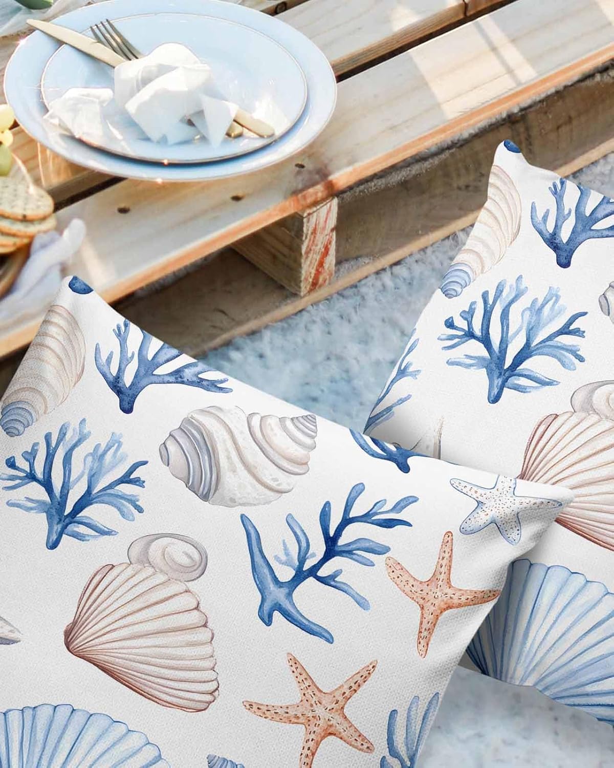Outdoor Waterproof Pillow Covers Ocean Watercolor Marine Life Starfish Decorative Throw Pillow Protectors,Summer Sea Shell Coral Pillowcase Cushion Cases for Patio Sofa Garden Couch,20x20IN,Pack of 2