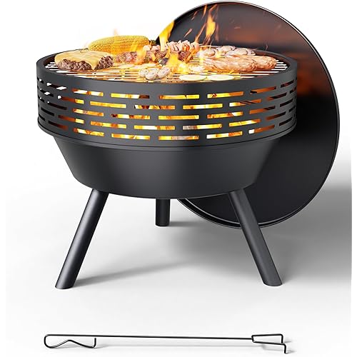 Wood-Burning Outdoor Fire Pit - Heavy Duty Firepits for Outside with Grill and Cover, 23 Inch Steel Fire Bowl for BBQ, Patio, Backyard, Porch