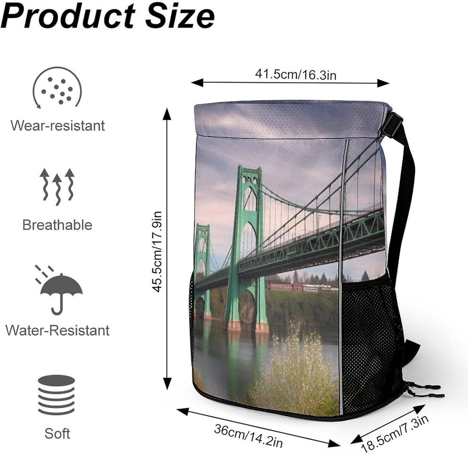 Small Gym Bag St Johns Bridge Printed Drawstring Gym Bag for Men Lightweight Waterproof Drawstring Backpack for Women with Shoe Compartment for Travel Tourism Work And Fitness