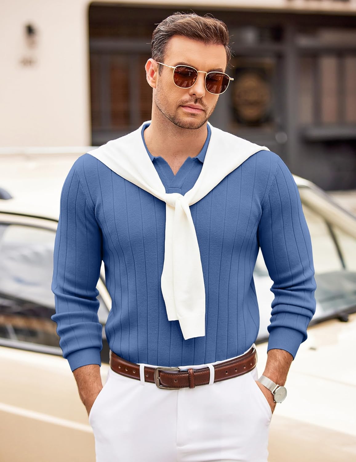 COOFANDY Mens Sweaters Polos Long Sleeve V Neck Knit Polo Lightweight Casual Pullover Sweater