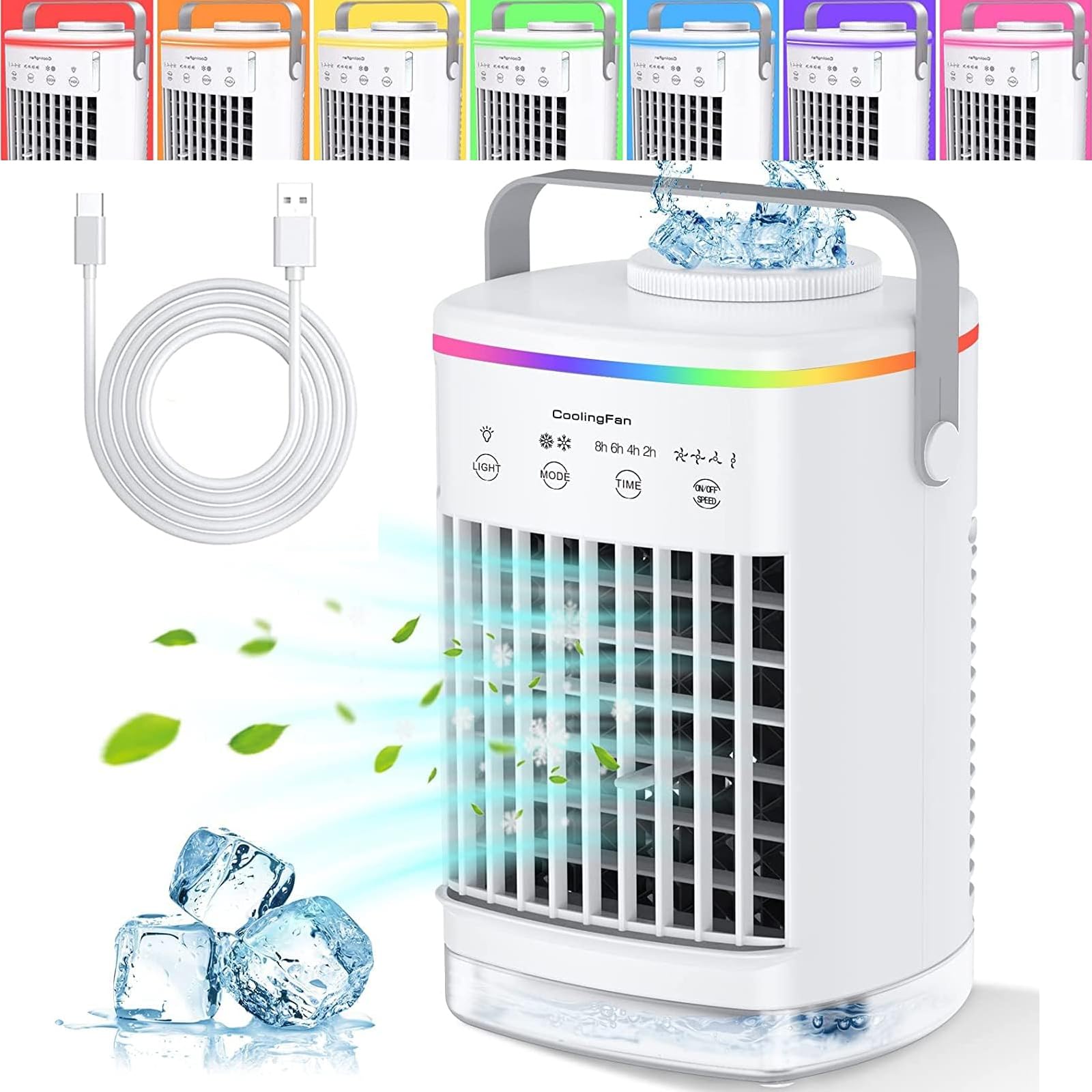 Joomouney White Portable Air Cooler, 3-In-1 Evaporative Air Cooler, Portable Air Conditioner With 4 Wind Speed & 7 Colour Lights & 700Ml Water Tank & 2-8H Timer, Personal Air Coolers For Home Office Bedroom