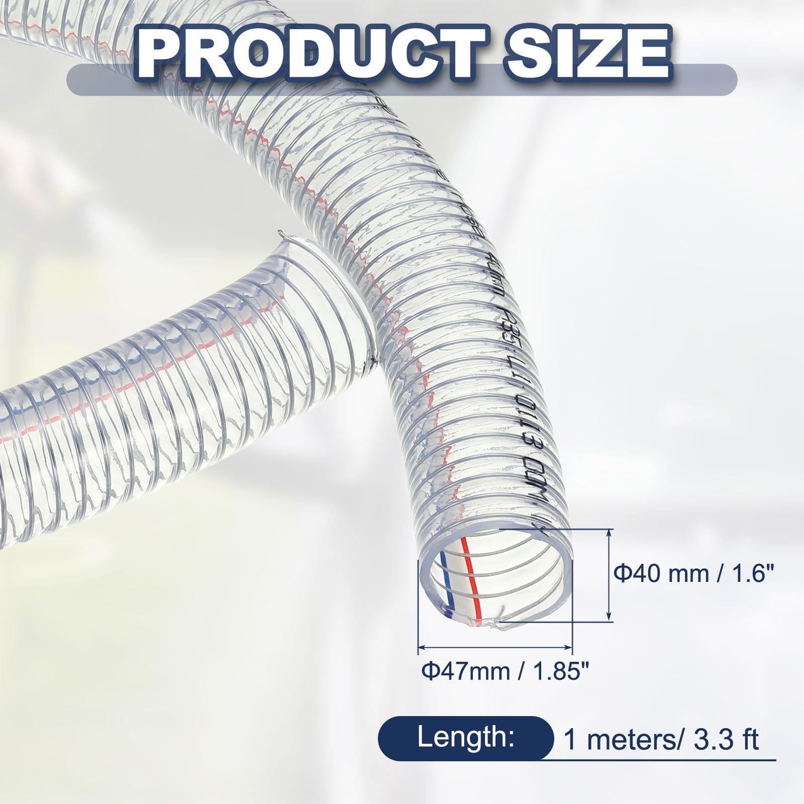 PATIKIL Manguera Reforzada Con Alambre De 1-9/16" / 40mm Diámetro Interno 1 Metro Tubo De Succión De PVC Vinilo Resistente A Alta Presión Y Productos Químicos Para Agua Transparente