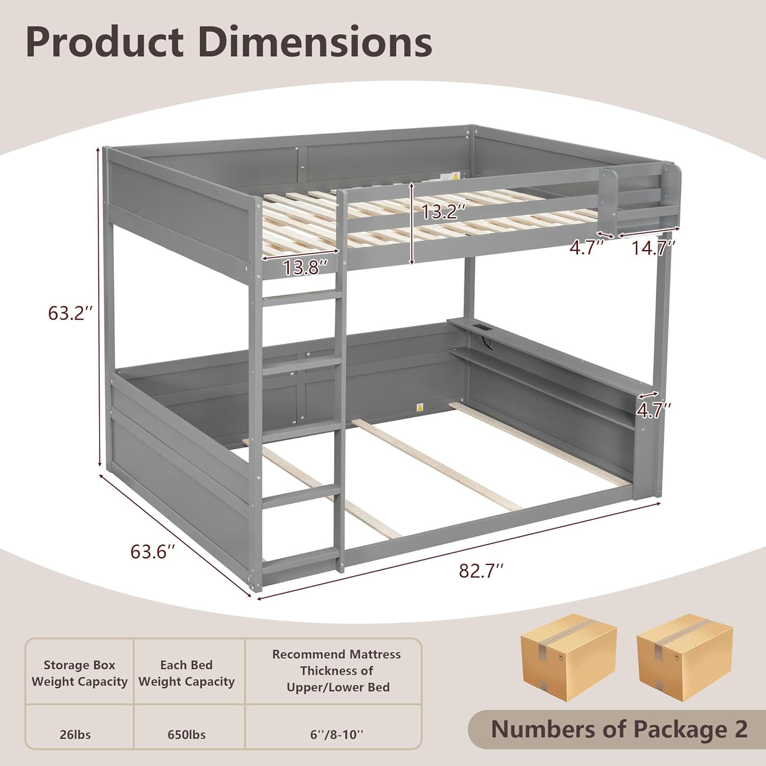 Harper & Bright Designs Queen Size Floor Bunk Bed Frame, Solid Wood Low Bunk Beds with Storage Shelves, USB Charging Station and LED Light for Adults, Kids, Teens, Gray