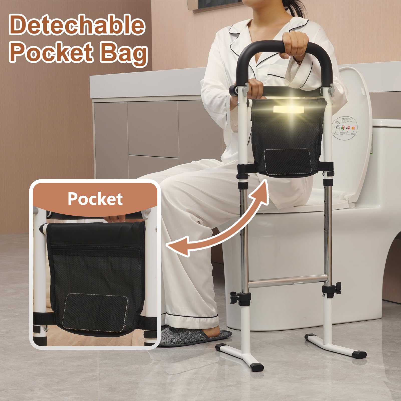 Aide à la Marche pour Personnes Âgées, Hauteur Réglable sur 5 Niveaux, Aide à la Verticalisation pour Lit/Canapé/Toilettes, avec Poche et Capteur Lumineux, Capacité de Charge Maximale 150 kg