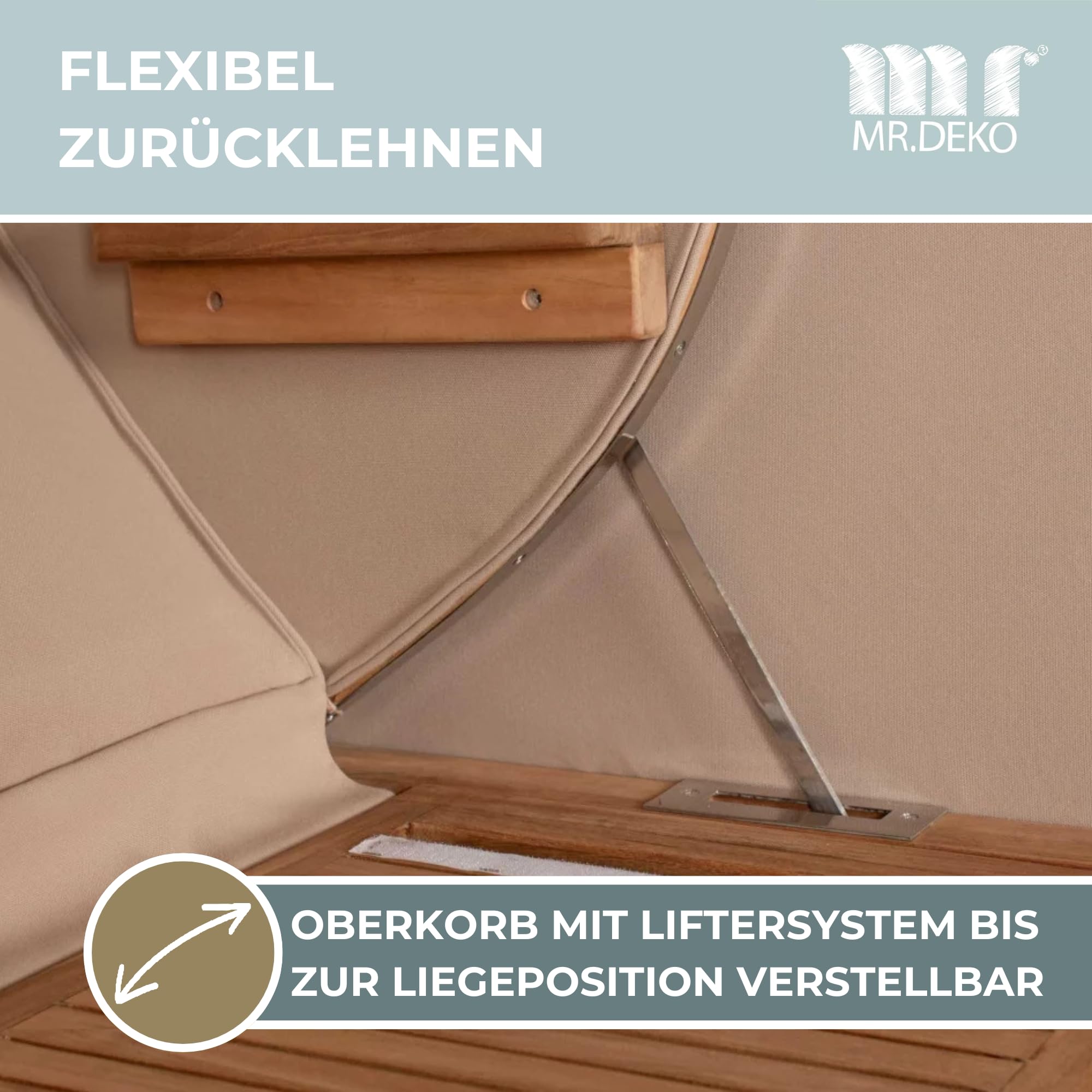 MR. DEKO® Strandkorb Düne Grande XL 2,5-Sitzer Teak | PE Geflecht Banana - Dessin 540 | Volllieger Strandstuhl mit Bullauge inkl. 2 Fußablagen | je 2 Kissen und Nackenkissen | Strandkörbe aus Teakholz