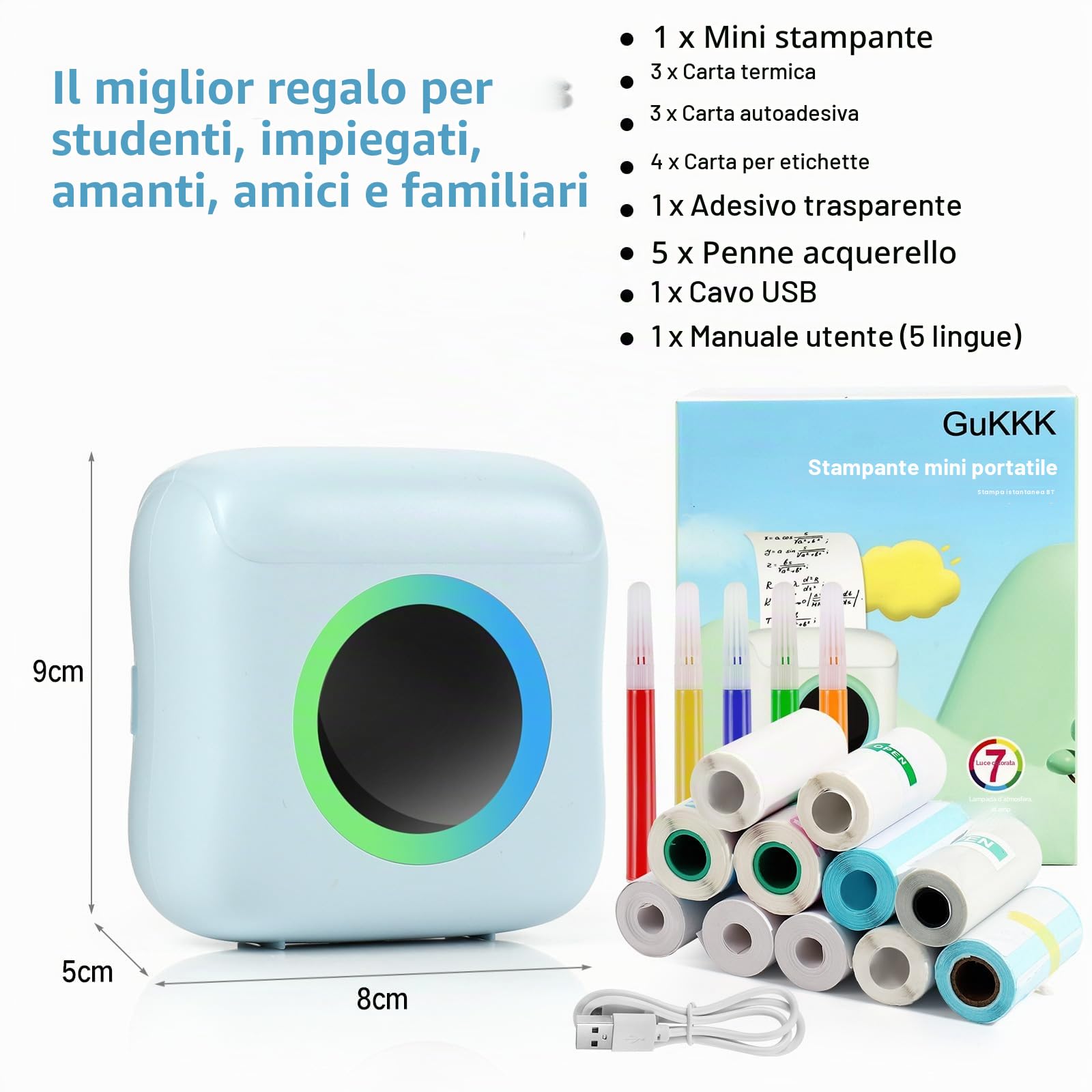 Mini Stampante Fotografica, Mini Stampante Termica, Stampante Fotografica Istantanea Portatile con LED colorati, Mini Stampante Termica Bluetooth con Ricarica USB Stampante, per Note, Elenco, Memo