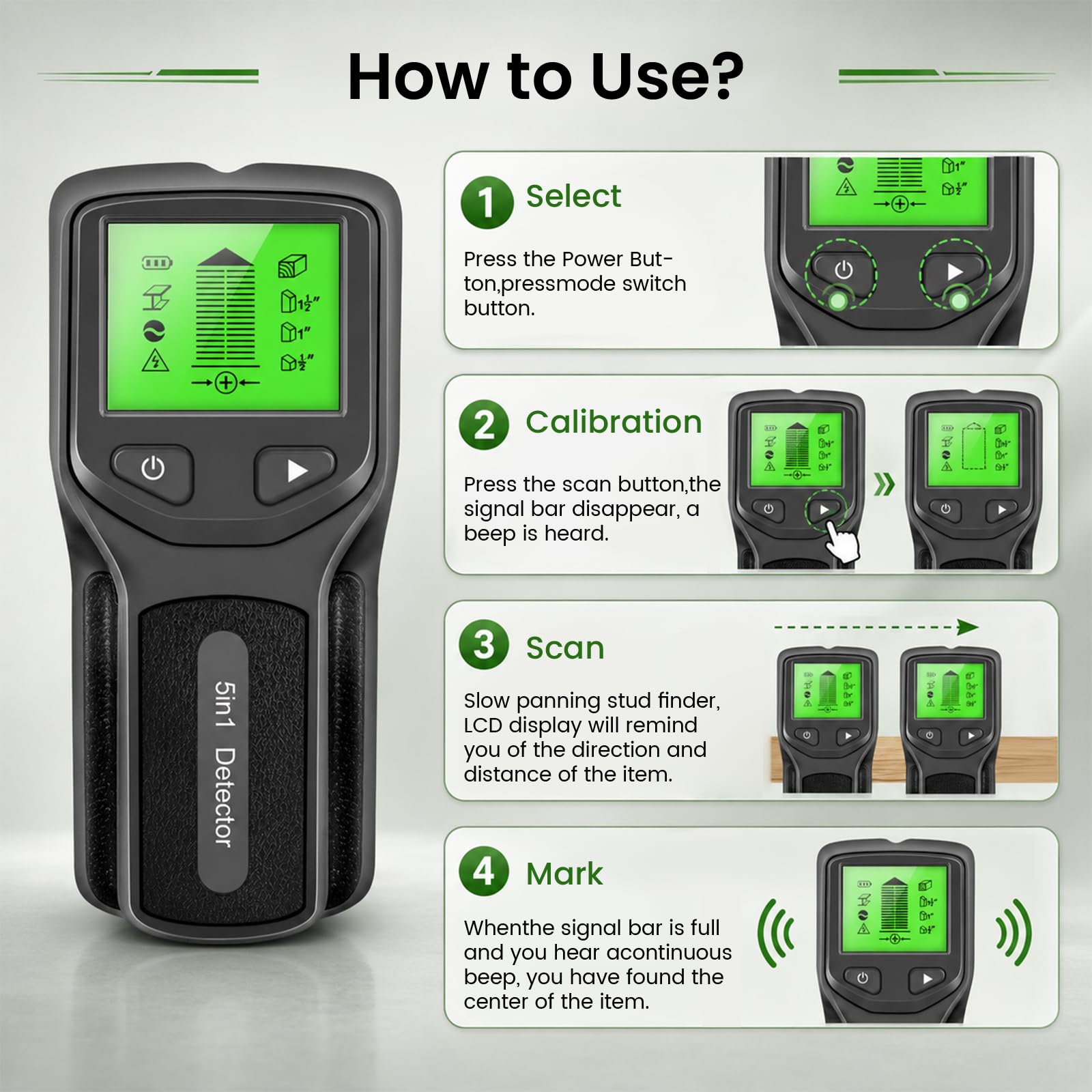 5 en1 Détecteur de Cable Électrique Mur, Detecteur de Cable Electrique avec Écran HD LCD et Alerte Sonore, Scanner Mural pour Localiser Les Métaux Chevilles en Bois Câbles Électriques CA