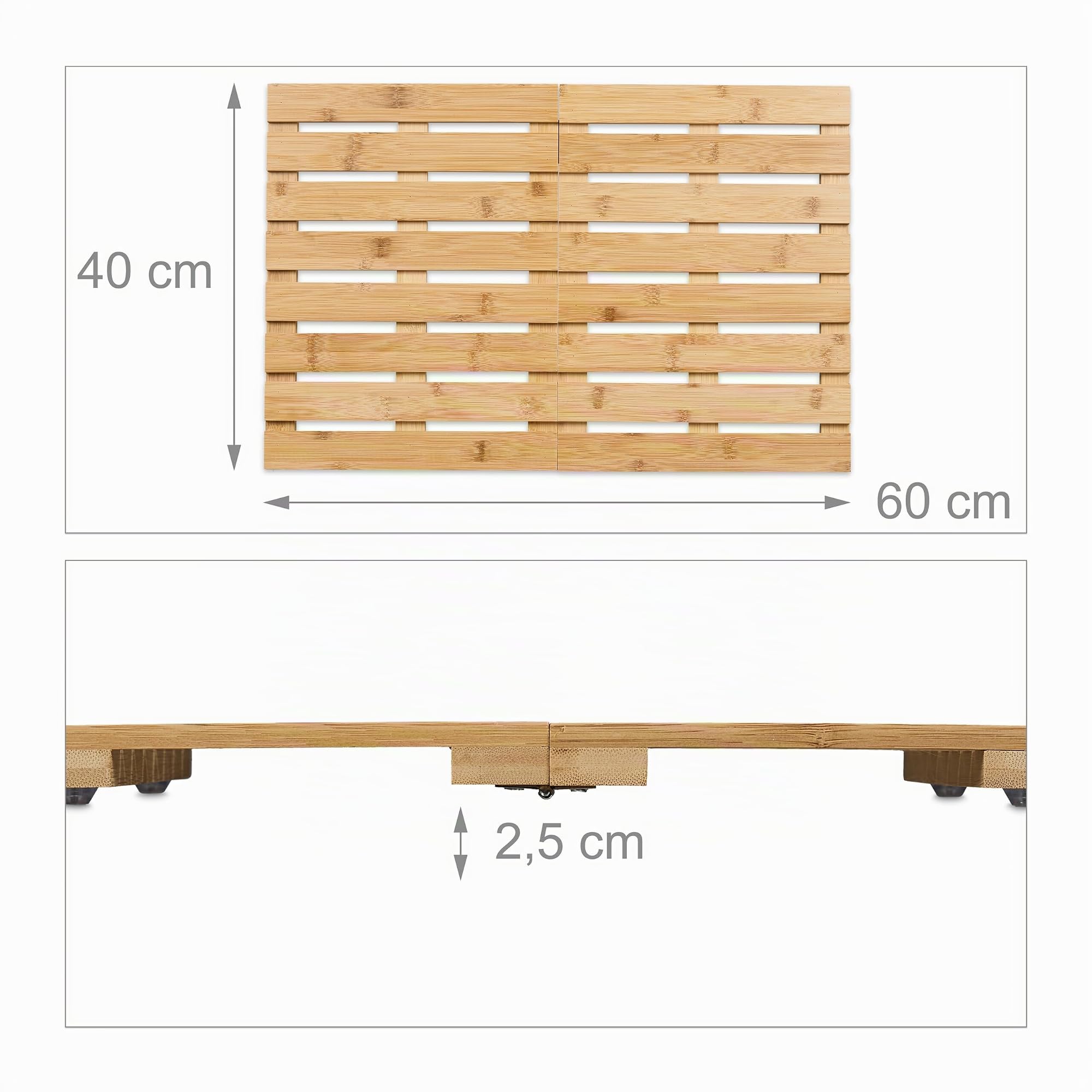 Relaxdays Pedana Doccia in bambù, 60 x 40 cm, Tappetino Antiscivolo per la Vasca e la Sauna, Interno e Esterno, Naturale
