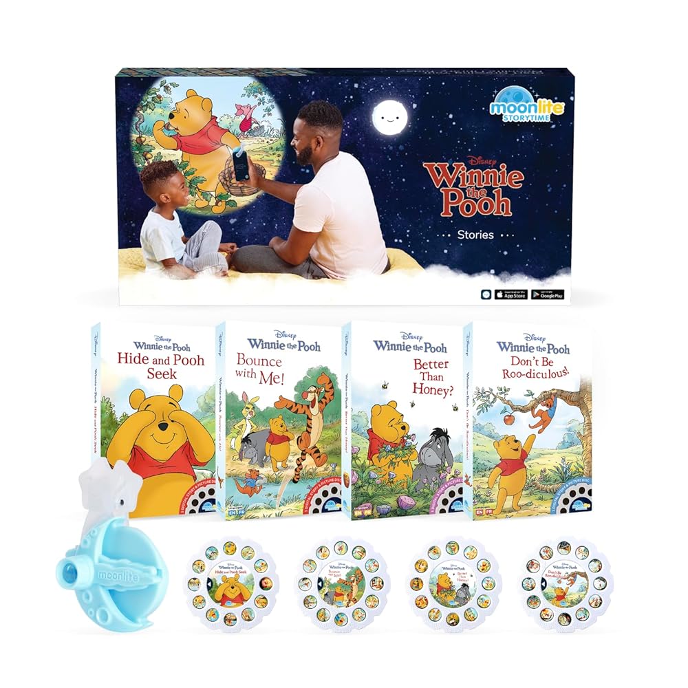 Moonlite Storytime Mini Projector with 4 Winnie The Pooh Stories, A Magical Way to Read Together, Digital Storybooks, Fun Sound Effects, Learning Gifts for Kids Ages 1 and Up