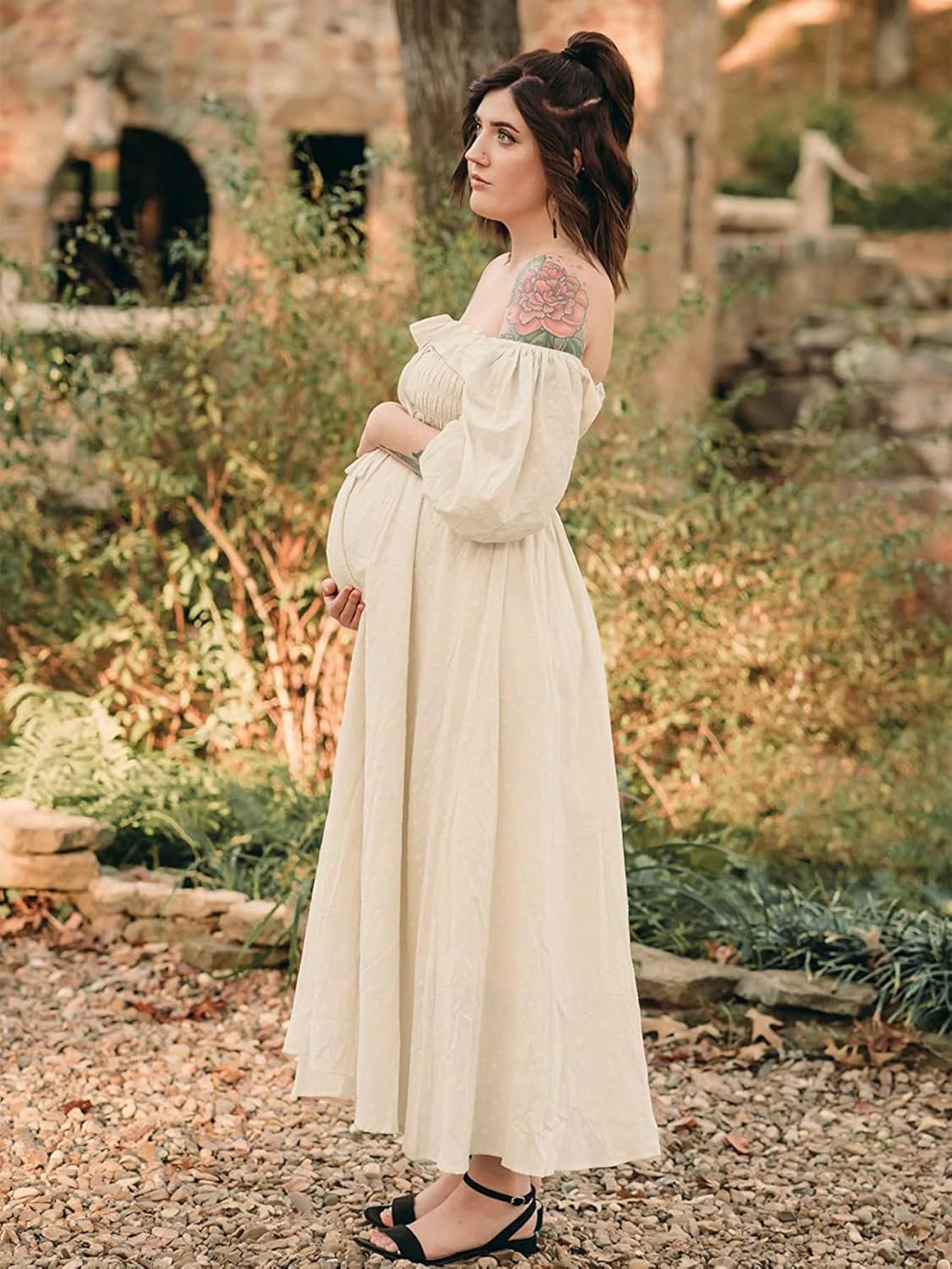 JustVH Women's Maternity Boho Flowy Long Sleeve Smocked Square Neck Swiss Dot Tiered Party Long Dress for Baby Shower - Image 7