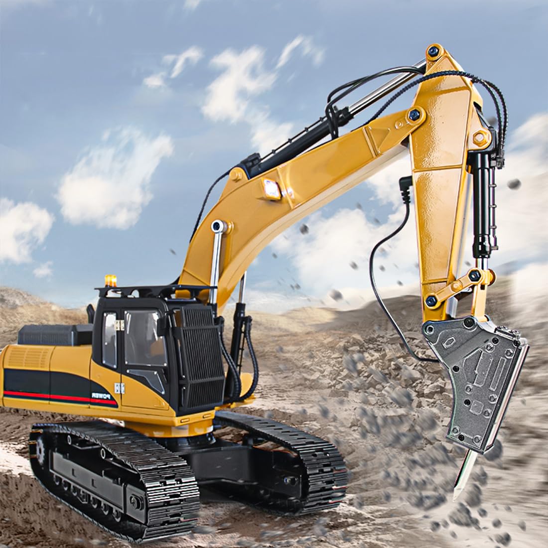 Excavadora RC 5 en 1 de metal completo a escala 1/14 2.4G con trituradora, agarre de troncos, cizalla hidráulica, garra - Modelo de vehículo de construcción con luces LED ahumadas
