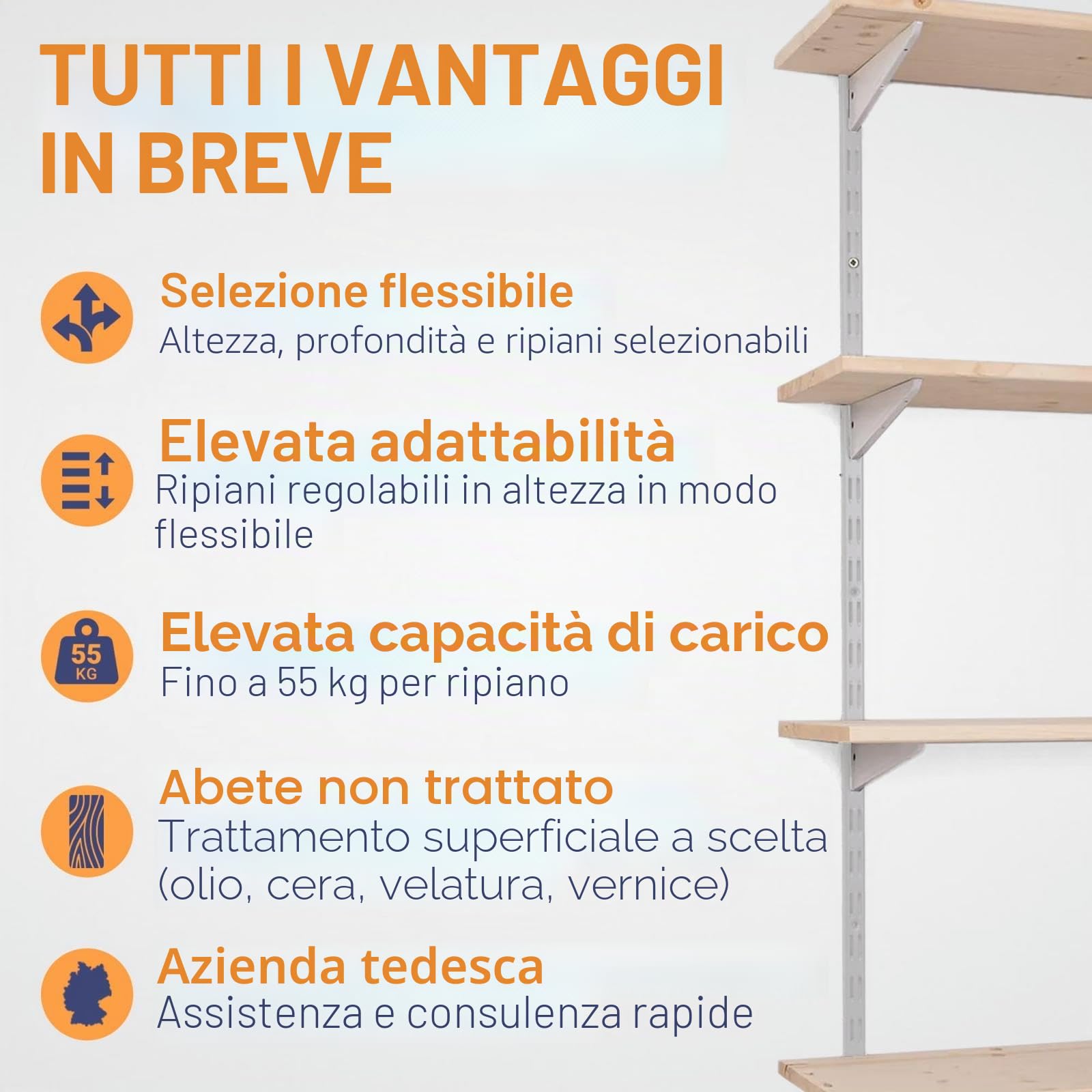 Scaffale da parete in metallo con ripiano, scaffale in 50 varianti, altezza: 50 cm, 2 ripiani da 80 x 50 cm (larghezza x profondità), colore: bianco, sistema di scaffalatura a binario