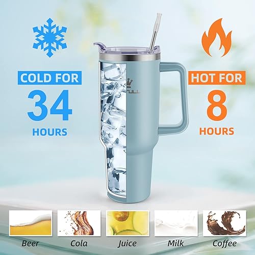Miniatura 4 de Vaso de viaje aislado de acero inoxidable de 40 onzas a prueba de fugas con asa, tapa con popote, mantiene el frío 34 horas, caliente 10 horas