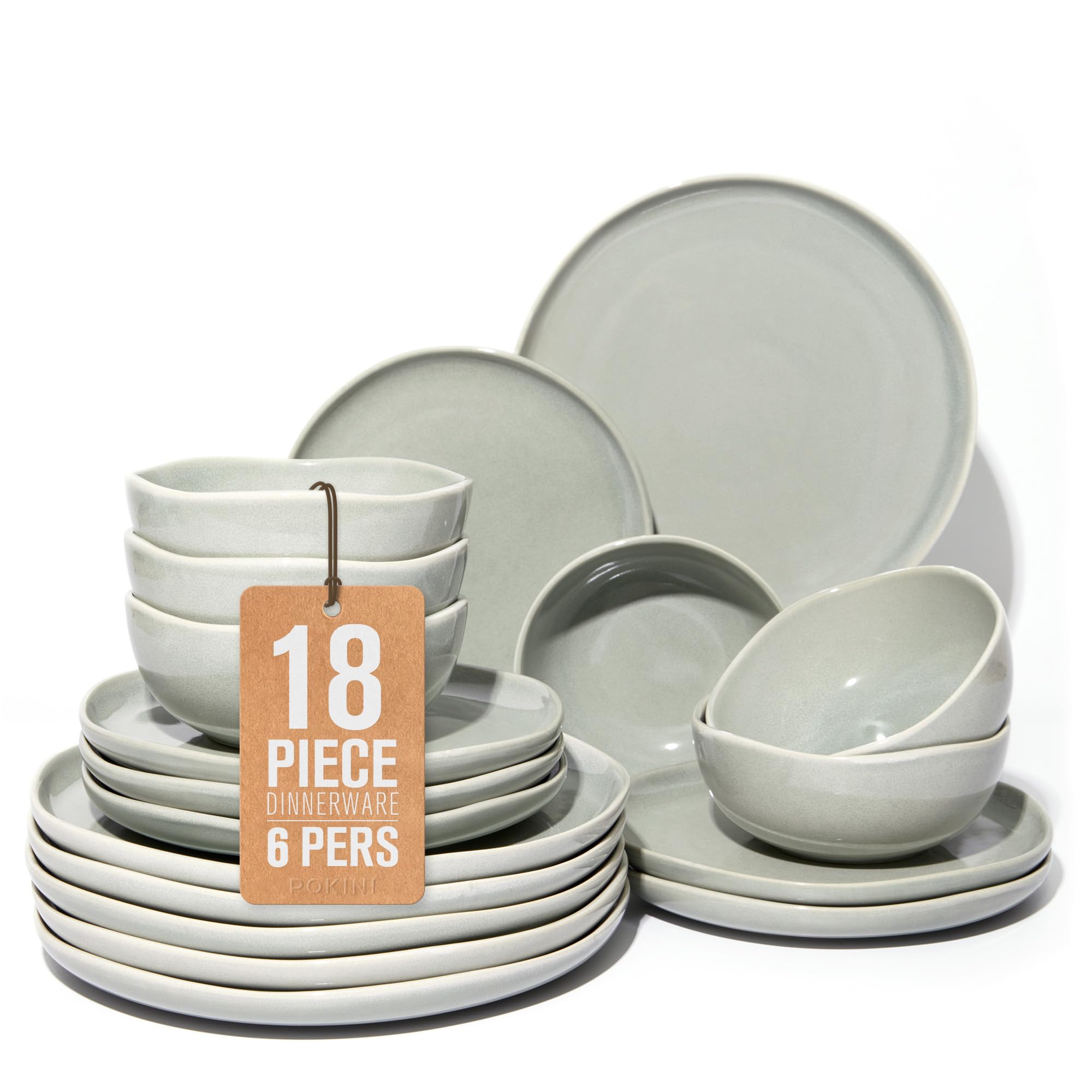 Pokini Dinnerware Sets for Family of 6, Ceramic Plates and Bowls Set, Kitchen Dish Set, Microwave &amp; Dishwasher Safe Dishware, Highly Durable Reactive Glazed Dinner Set, Gray Green